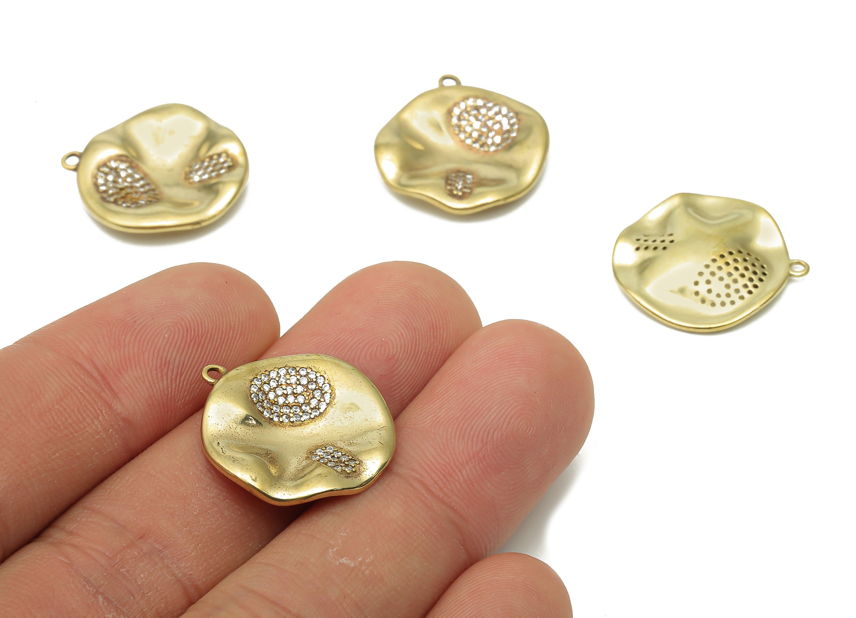 Brass Curved Round Leaf Earring Charm with Zircon - Raw Brass Wavy Pendant - Raw Brass Lotus Charm - 21.51x20.07x1.39mm- PP7730 - DOMEDBAZAAR