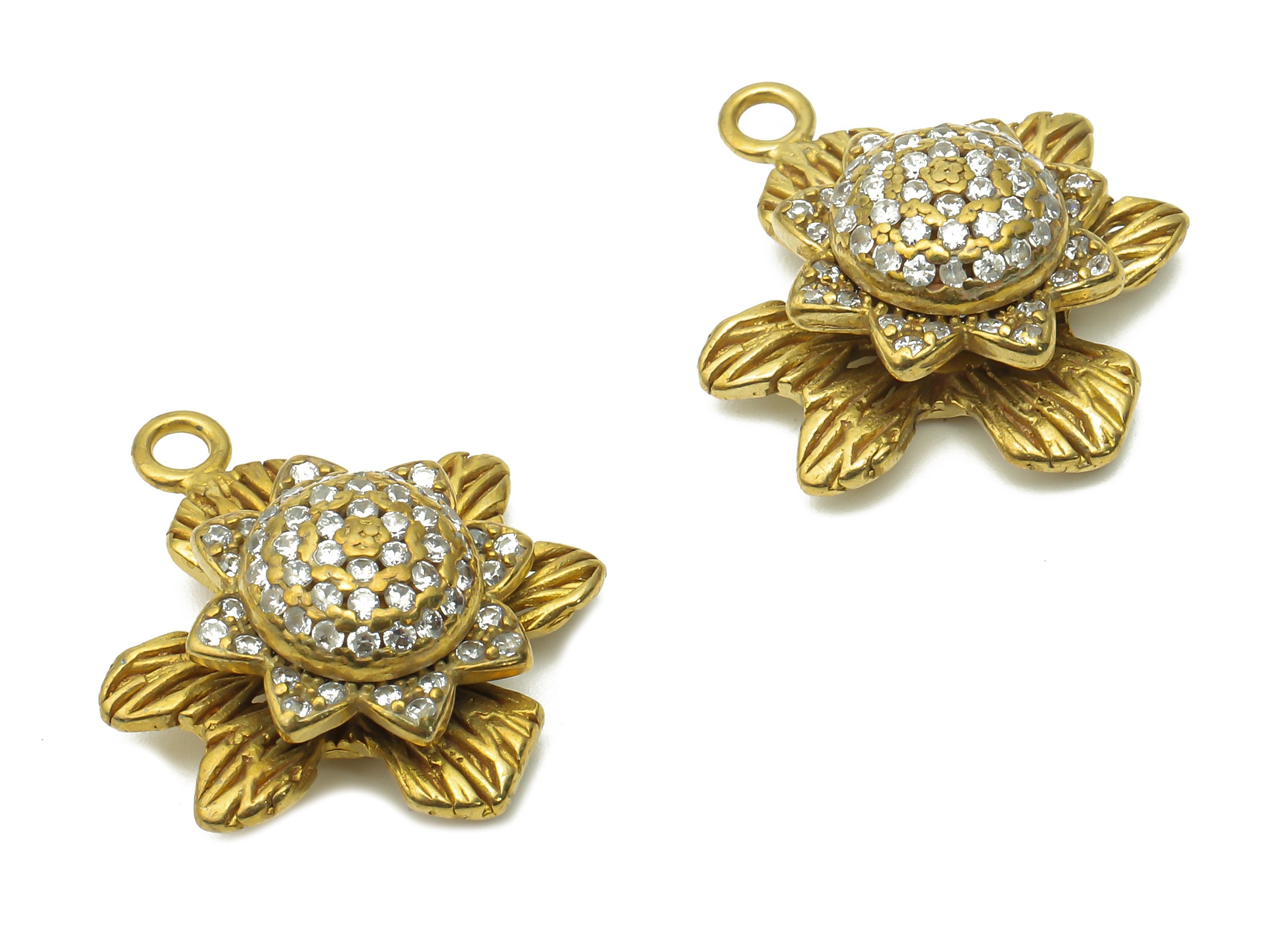 Brass Botanic Earrings With Zircon - Raw Brass Botanic Pendant - Raw Brass Flower Pendant - 20.93x17.45x7.47mm - PP7739 - DOMEDBAZAAR