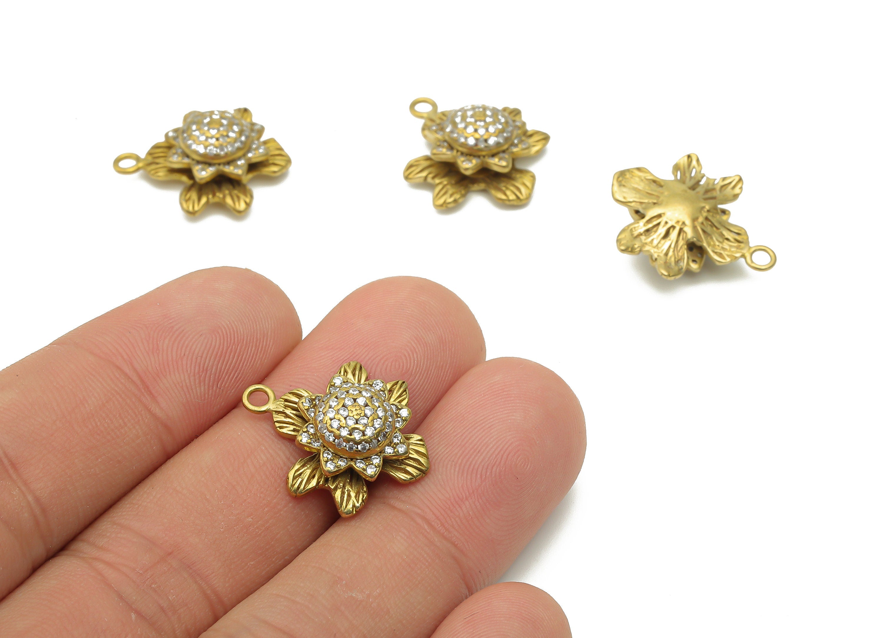 Brass Botanic Earrings With Zircon - Raw Brass Botanic Pendant - Raw Brass Flower Pendant - 20.93x17.45x7.47mm - PP7739 - DOMEDBAZAAR