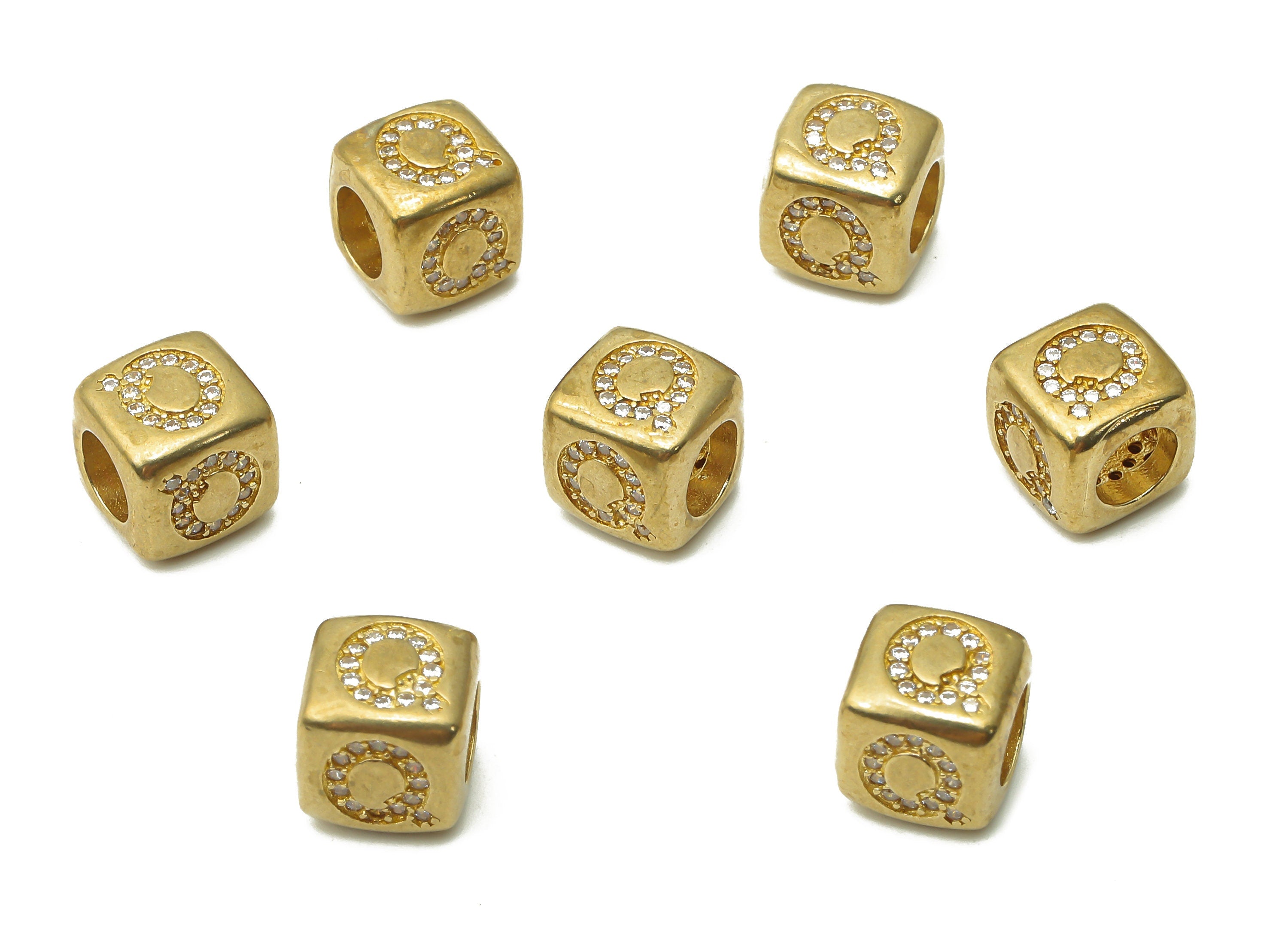 Alphabet Cube Bead Q - Brass Initial Letter Q - Raw Brass Zircon Letters Beads - Letter Q Cube Bead - 8.63x8.63x 8.46mm - PP7804Q - DOMEDBAZAAR