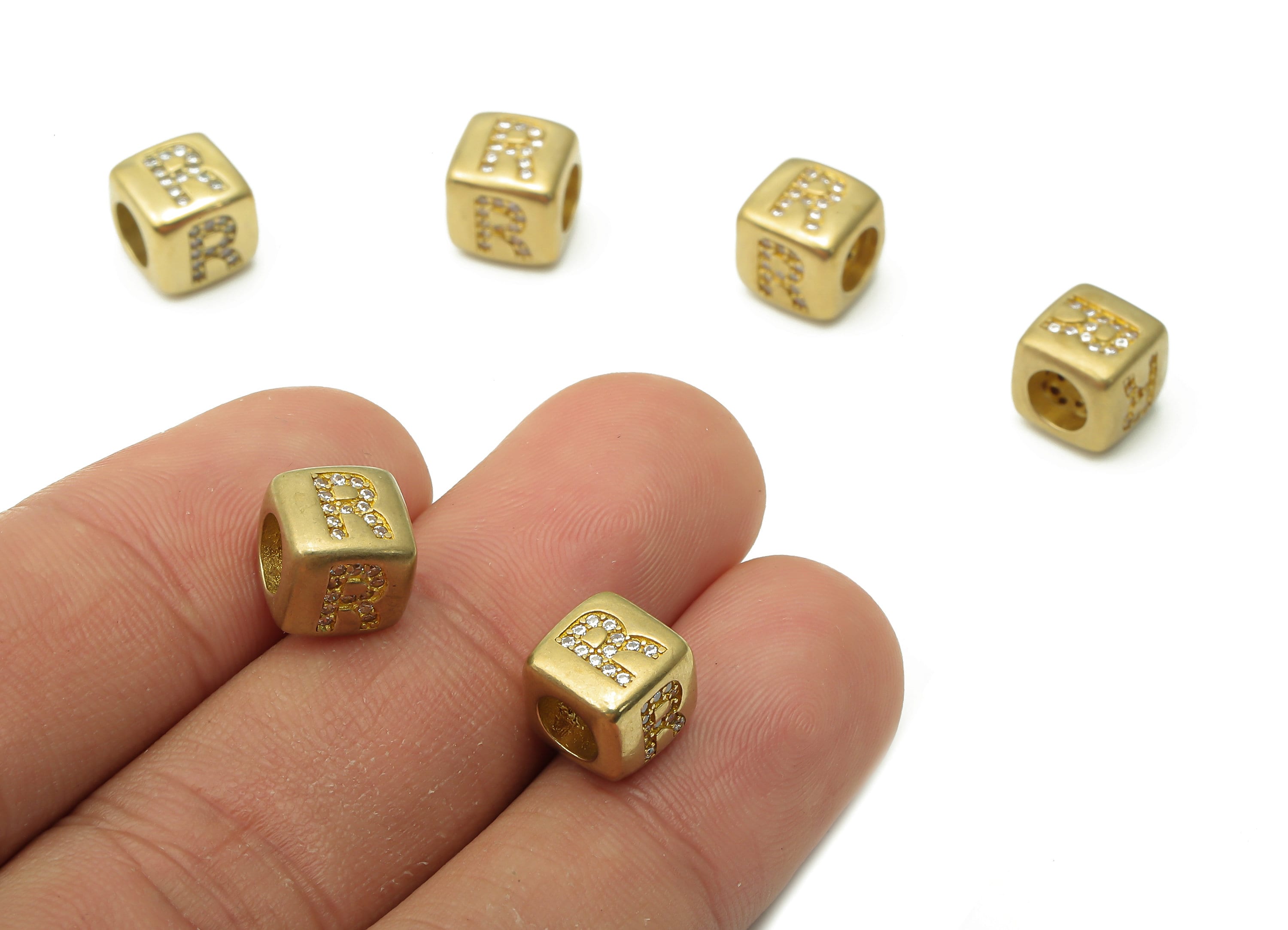 Alphabet Cube Bead R - Brass Initial Letter R - Raw Brass Zircon Letters Beads - Letter R Cube Bead - 8.63x8.63x 8.46mm - PP7804R - DOMEDBAZAAR