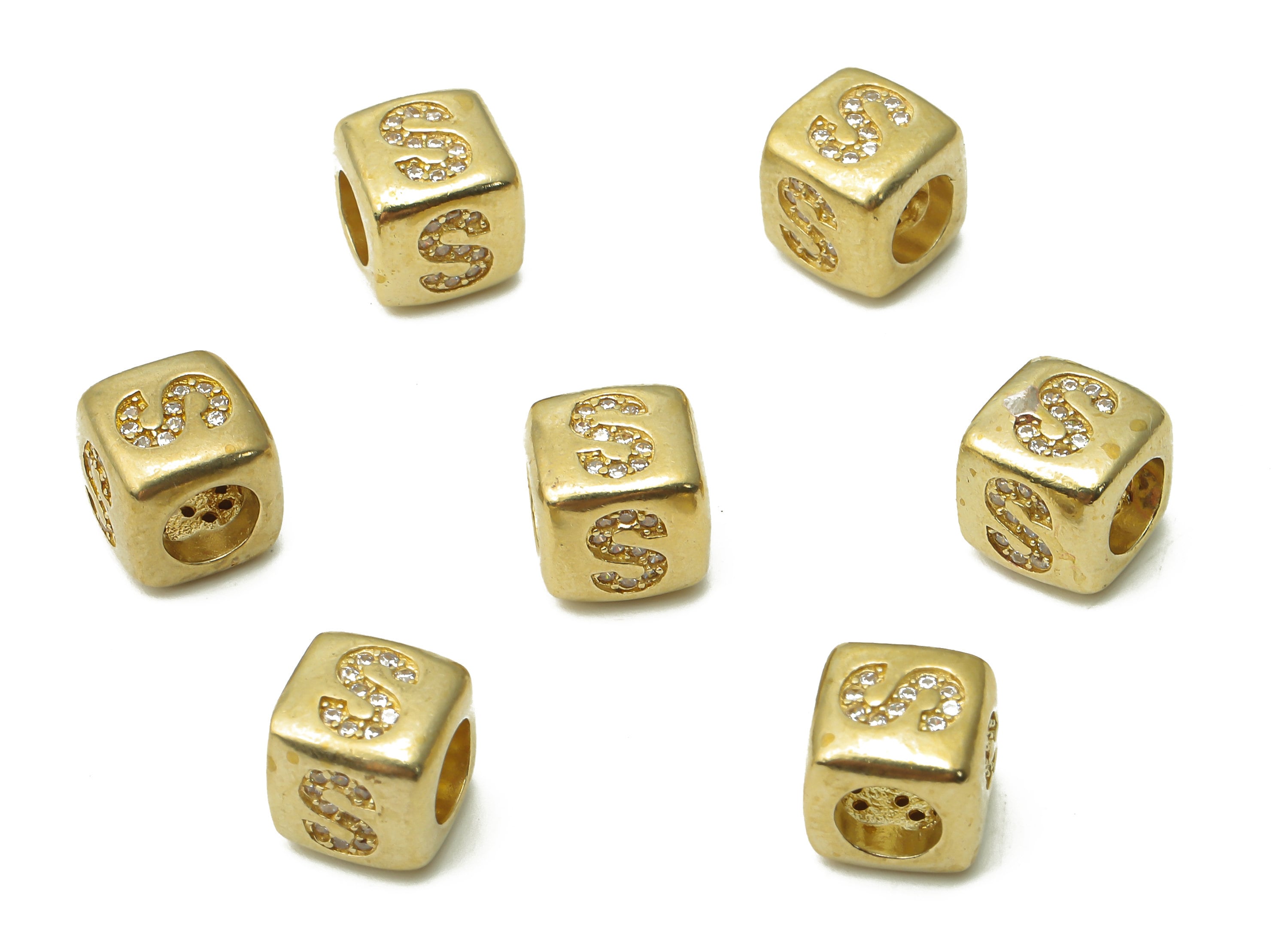 Alphabet Cube Bead S - Brass Initial Letter S - Raw Brass Zircon Letters Beads - Letter S Cube Bead - 8.63x8.63x 8.46mm - PP7804S - DOMEDBAZAAR