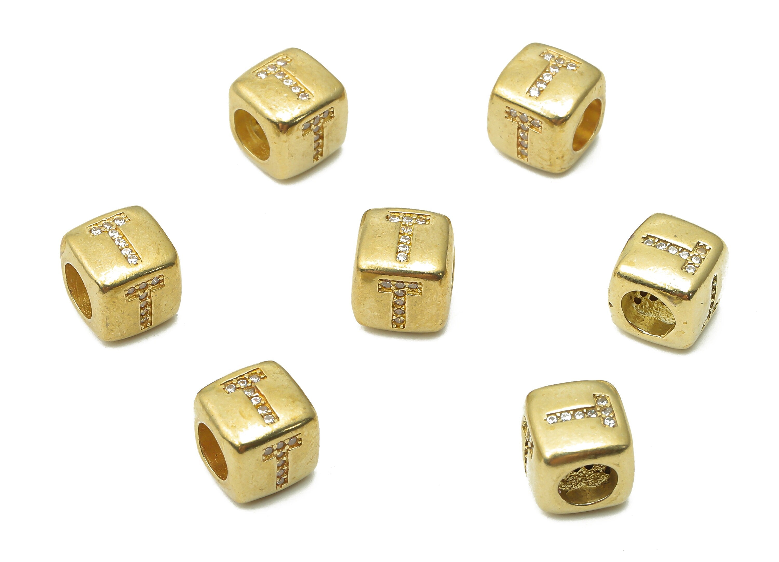 Alphabet Cube Bead T - Brass Initial Letter T - Raw Brass Zircon Letters Beads - Letter T Cube Bead - 8.63x8.63x 8.46mm - PP7804T - DOMEDBAZAAR