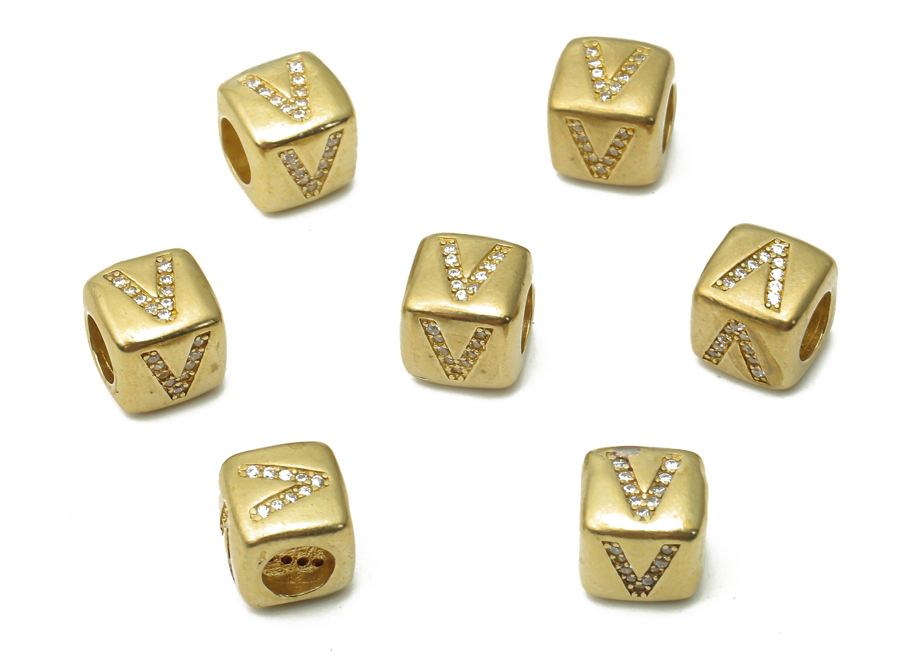 Alphabet Cube Bead V - Brass Initial Letter V - Raw Brass Zircon Letters Beads - Letter V Cube Bead - 8.63x8.63x 8.46mm - PP7804V - DOMEDBAZAAR