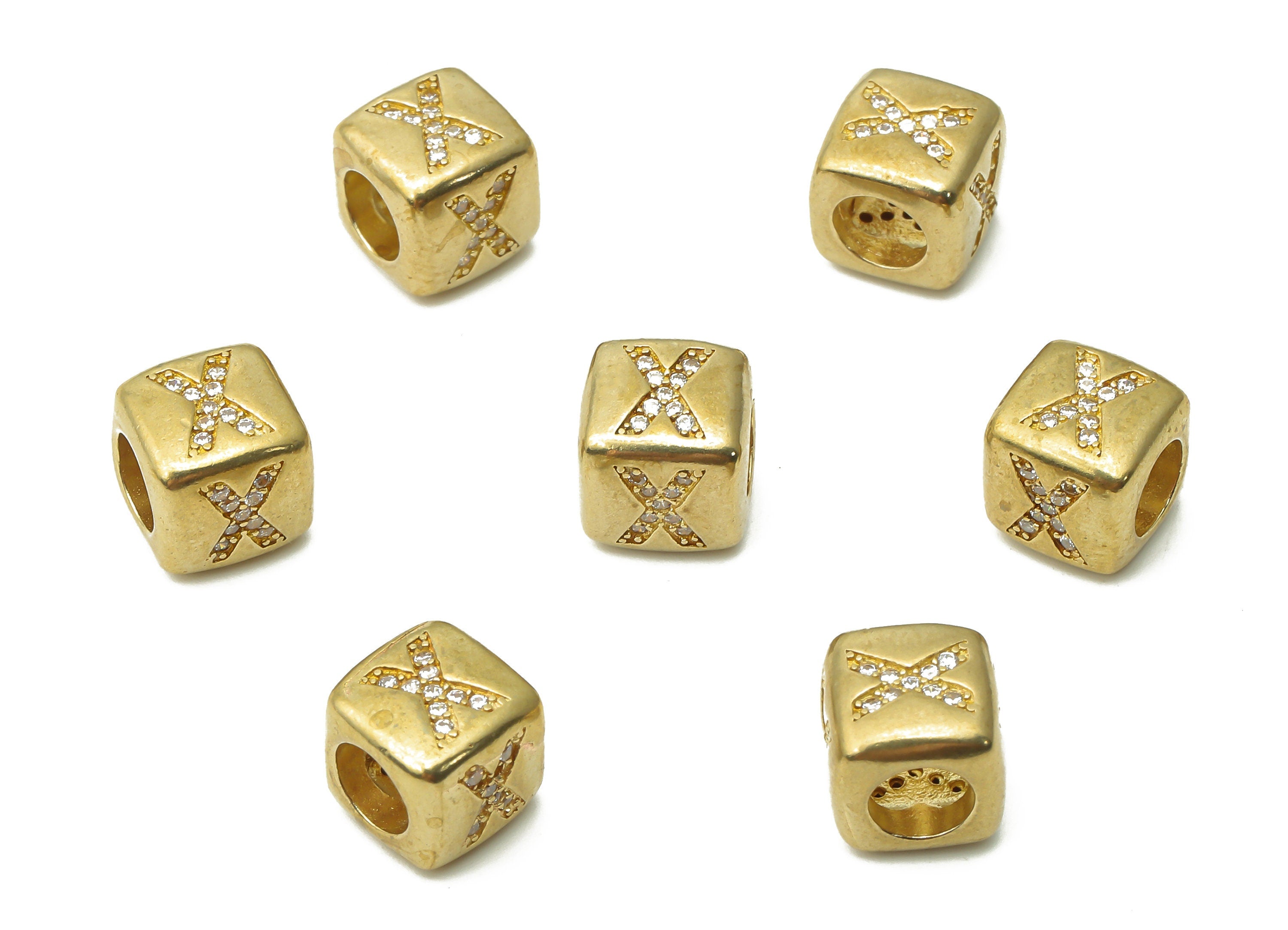 Alphabet Cube Bead X - Brass Initial Letter X - Raw Brass Zircon Letters Beads - Letter X Cube Bead - 8.63x8.63x 8.46mm - PP7804X - DOMEDBAZAAR