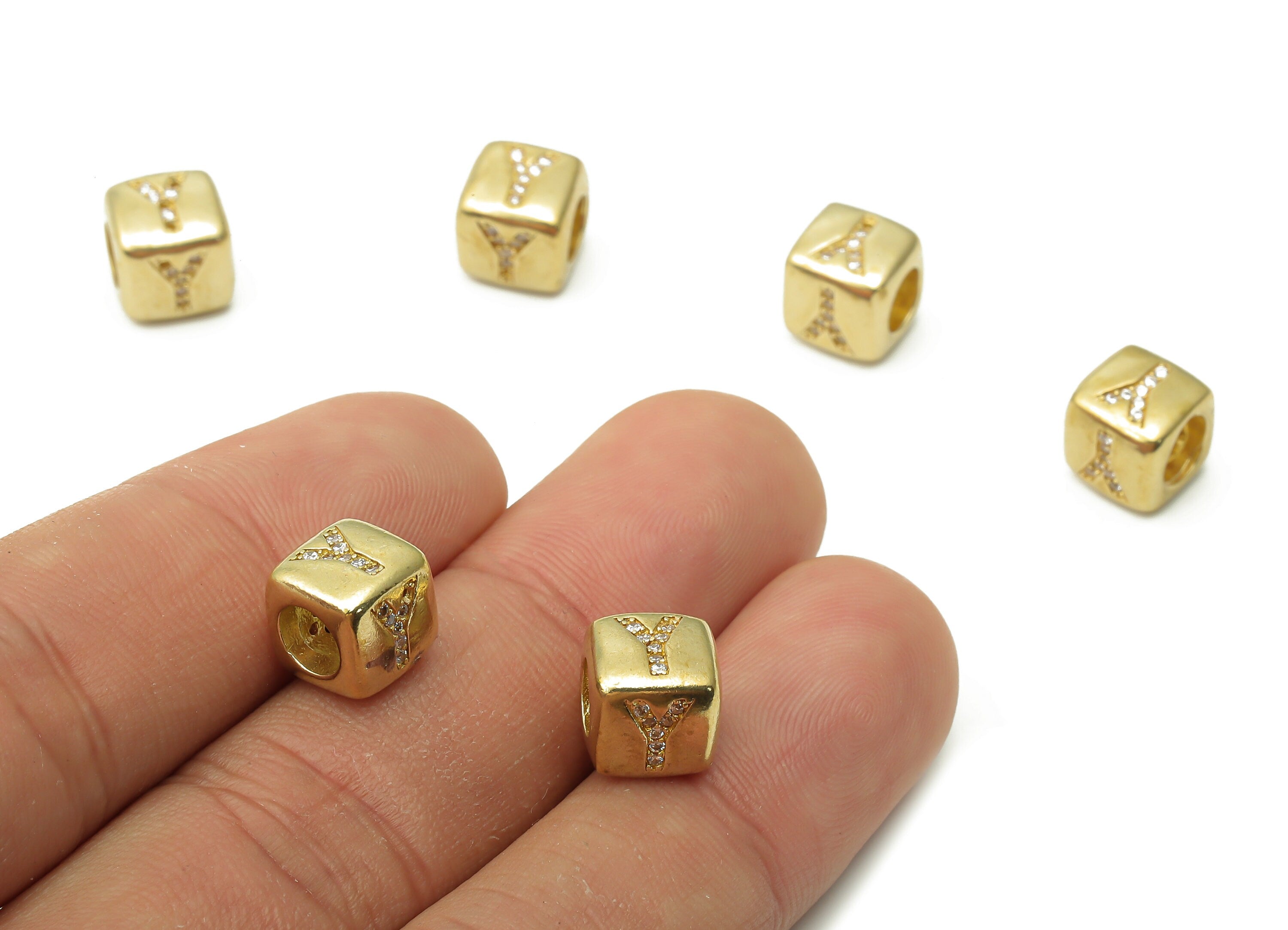 Alphabet Cube Bead Y - Brass Initial Letter Y - Raw Brass Zircon Letters Beads - Letter Y Cube Bead - 8.63x8.63x 8.46mm - PP7804Y - DOMEDBAZAAR