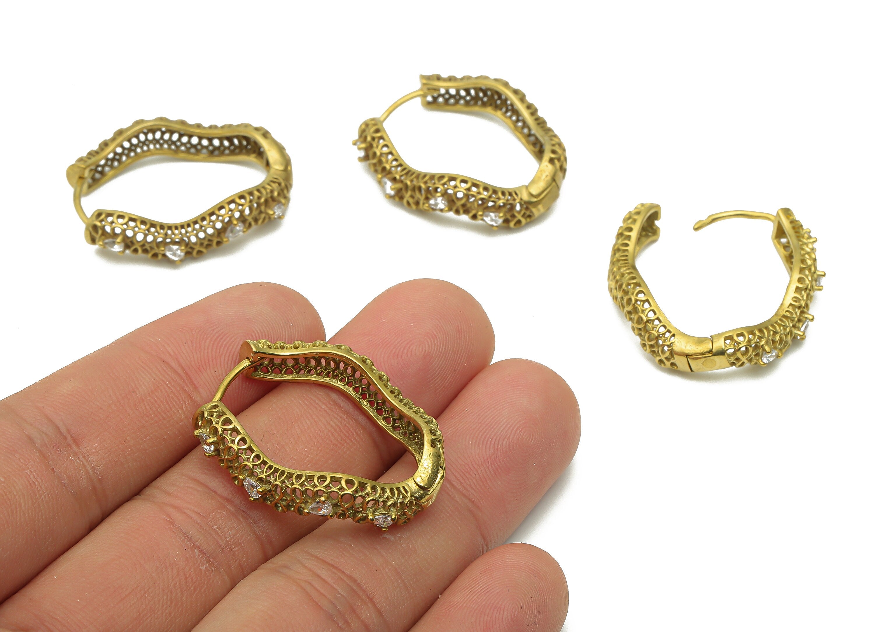 Brass Oval Hoop Earrings With Zircon - Raw Brass Hoop Stud - Brass Stud Earring - Raw Brass Hoop Earring Stud - 30.32x35.03x3.56mm - PP7833 - DOMEDBAZAAR