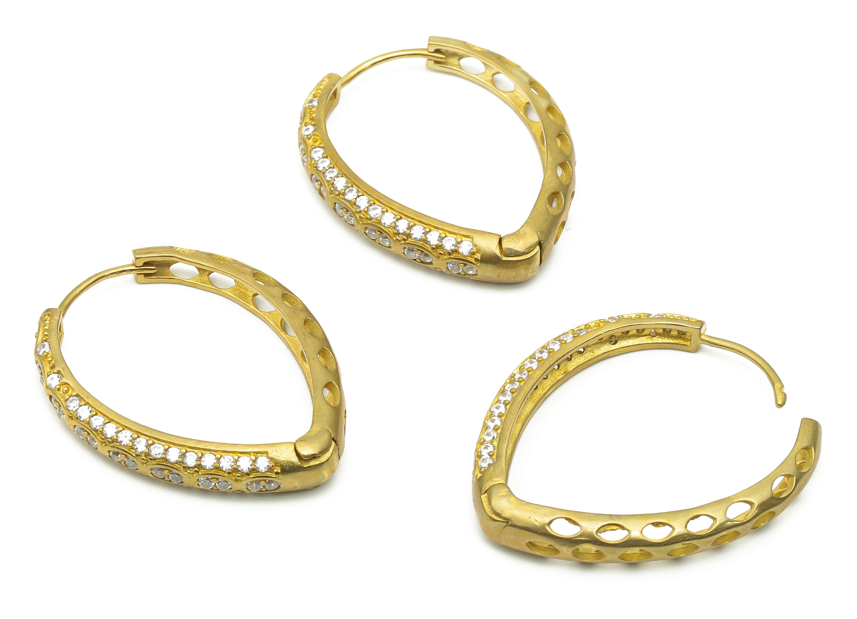 Brass Drop Huggie Hoop Earring With Zircon - Raw Brass Eye Drop Hoop - Brass Textured Hoop Earring - 33.37x26.85x4.52mm - PP7834 - DOMEDBAZAAR