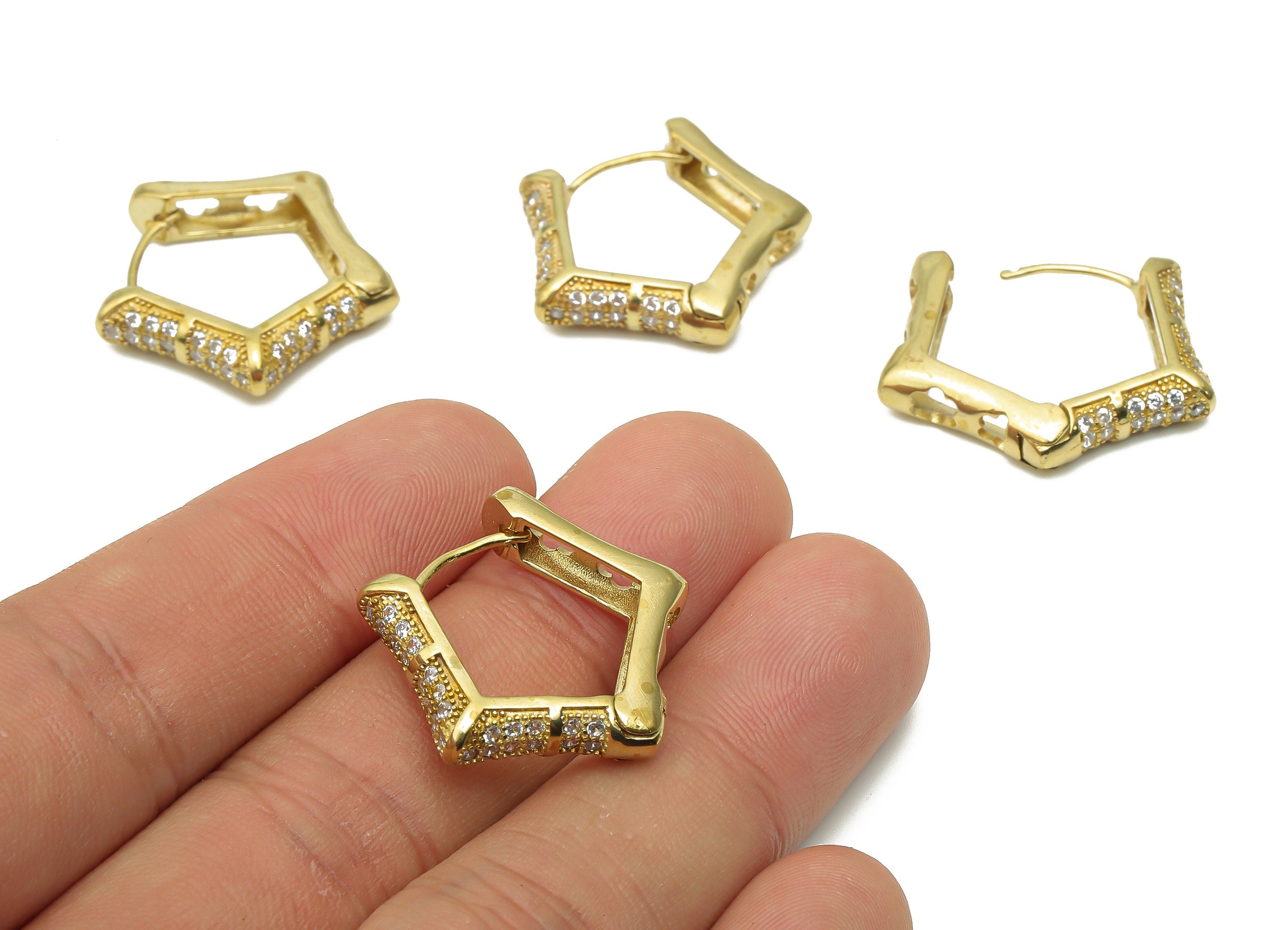 Brass Curved Pentagon Huggie Hoop Earrings with Zircon - Raw Brass Thick Hoop Earrings - Geometric Earrings-25.34x24.42x5.26mm- PP7835 - DOMEDBAZAAR