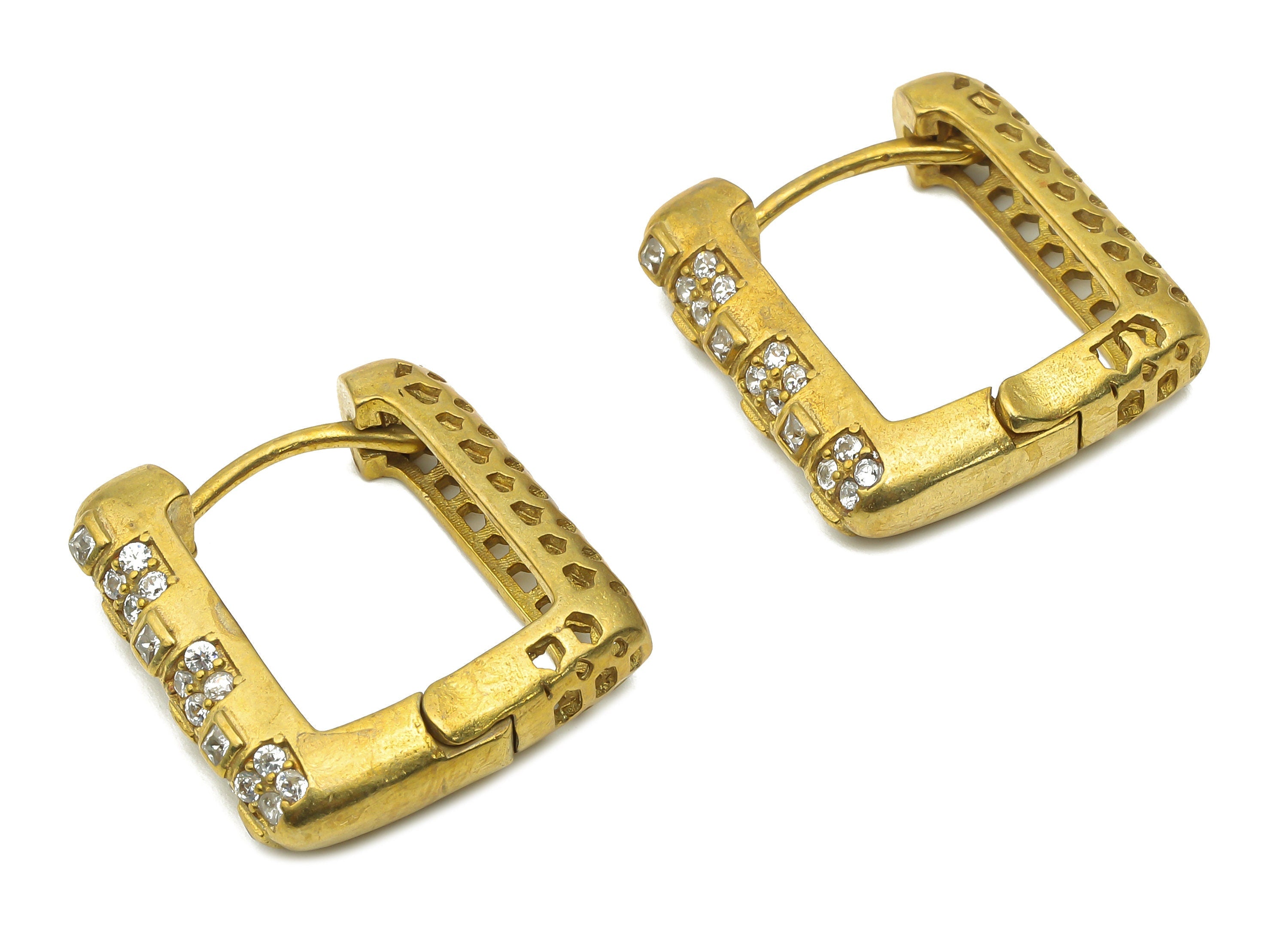 Brass Textured Square Hoop Earrings with Zircon - Raw Brass Thick Huggie Hoop - Brass Square Huggie Hoop - 22.5x20.88x5.3mm - PP7841 - DOMEDBAZAAR