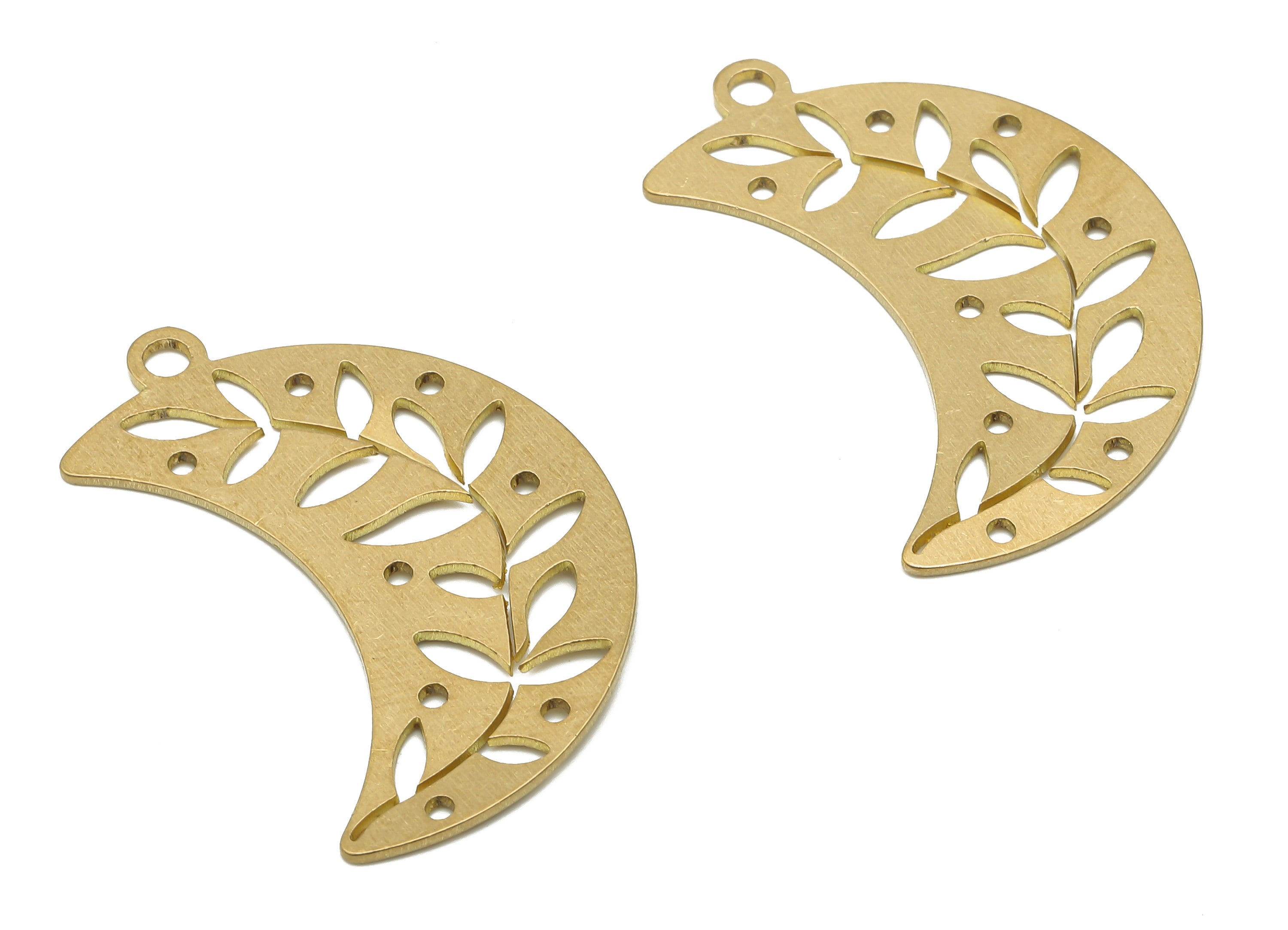 Brass Crescent Earring Charm - Raw Brass Branch Pendant - Brass Moon Necklace - Leaves Pendant - 31.97x20.4x0.67mm - PPA4059 - DOMEDBAZAAR