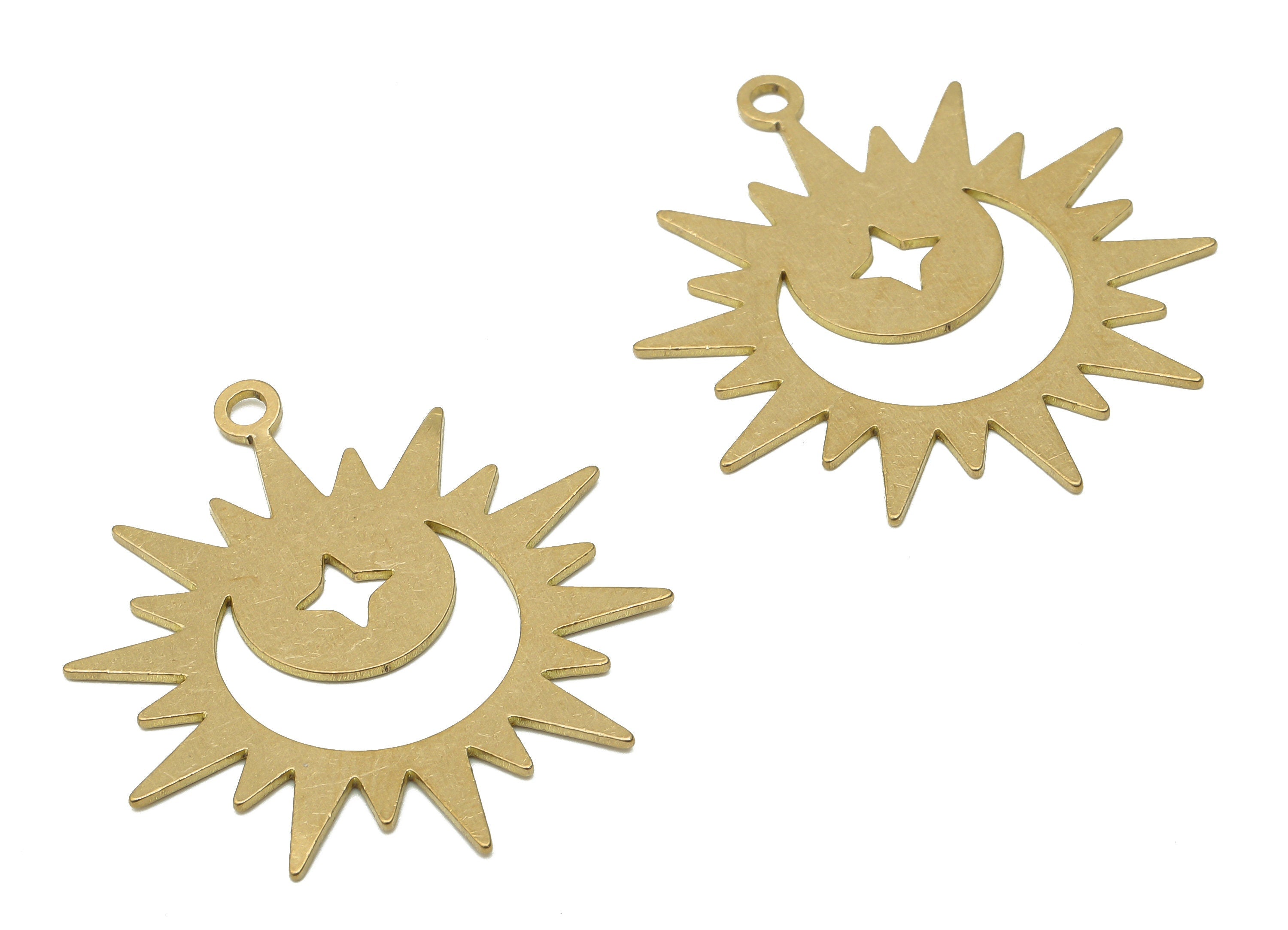 Brass Crescent Moon Earring Charm - Raw Brass Sun Pendant - Brass Star Pendant - Raw Brass Sun Pendant - 35.6x 31.16x 0.68mm- PPA4056 - DOMEDBAZAAR