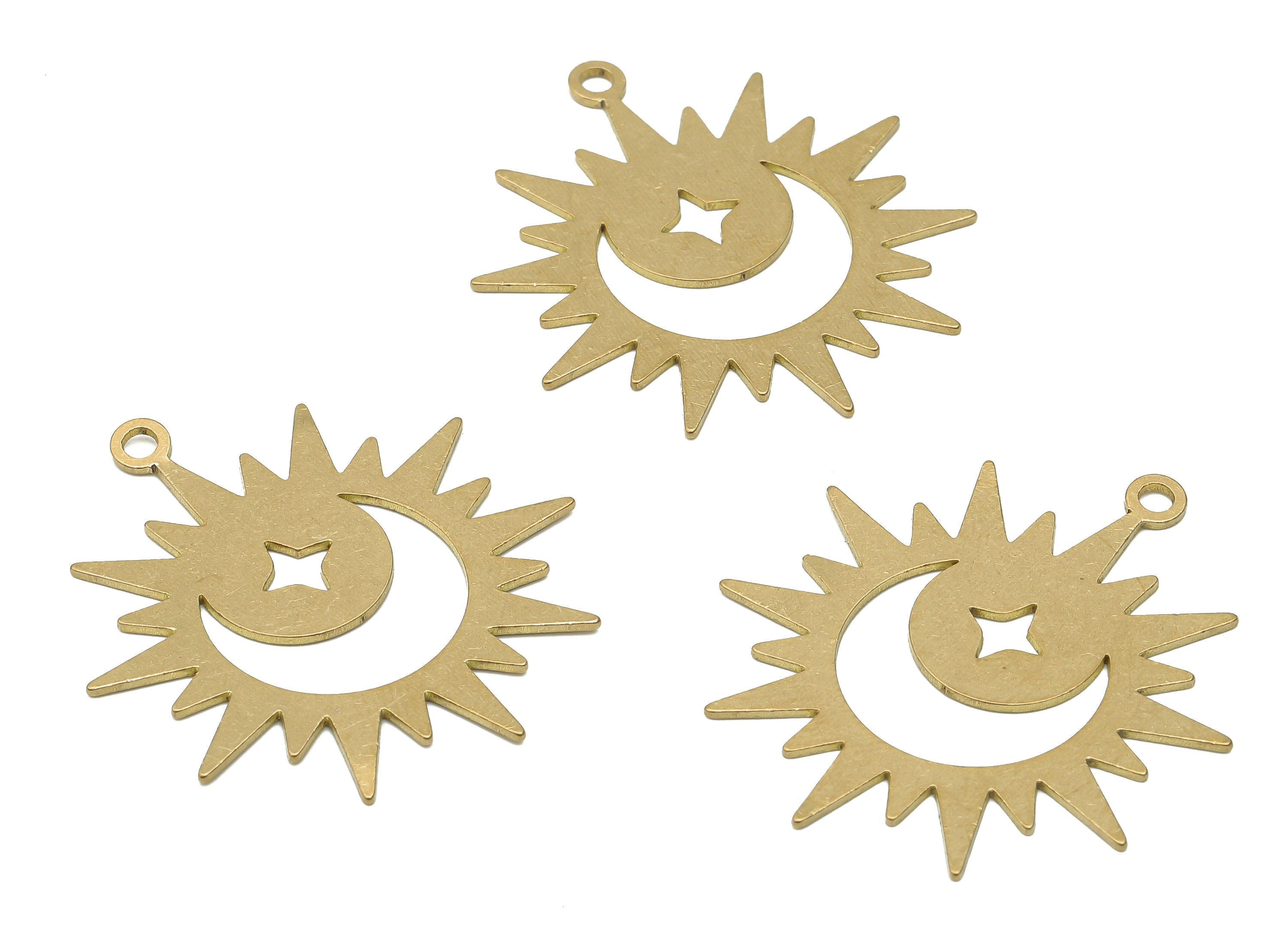 Brass Crescent Moon Earring Charm - Raw Brass Sun Pendant - Brass Star Pendant - Raw Brass Sun Pendant - 35.6x 31.16x 0.68mm- PPA4056 - DOMEDBAZAAR