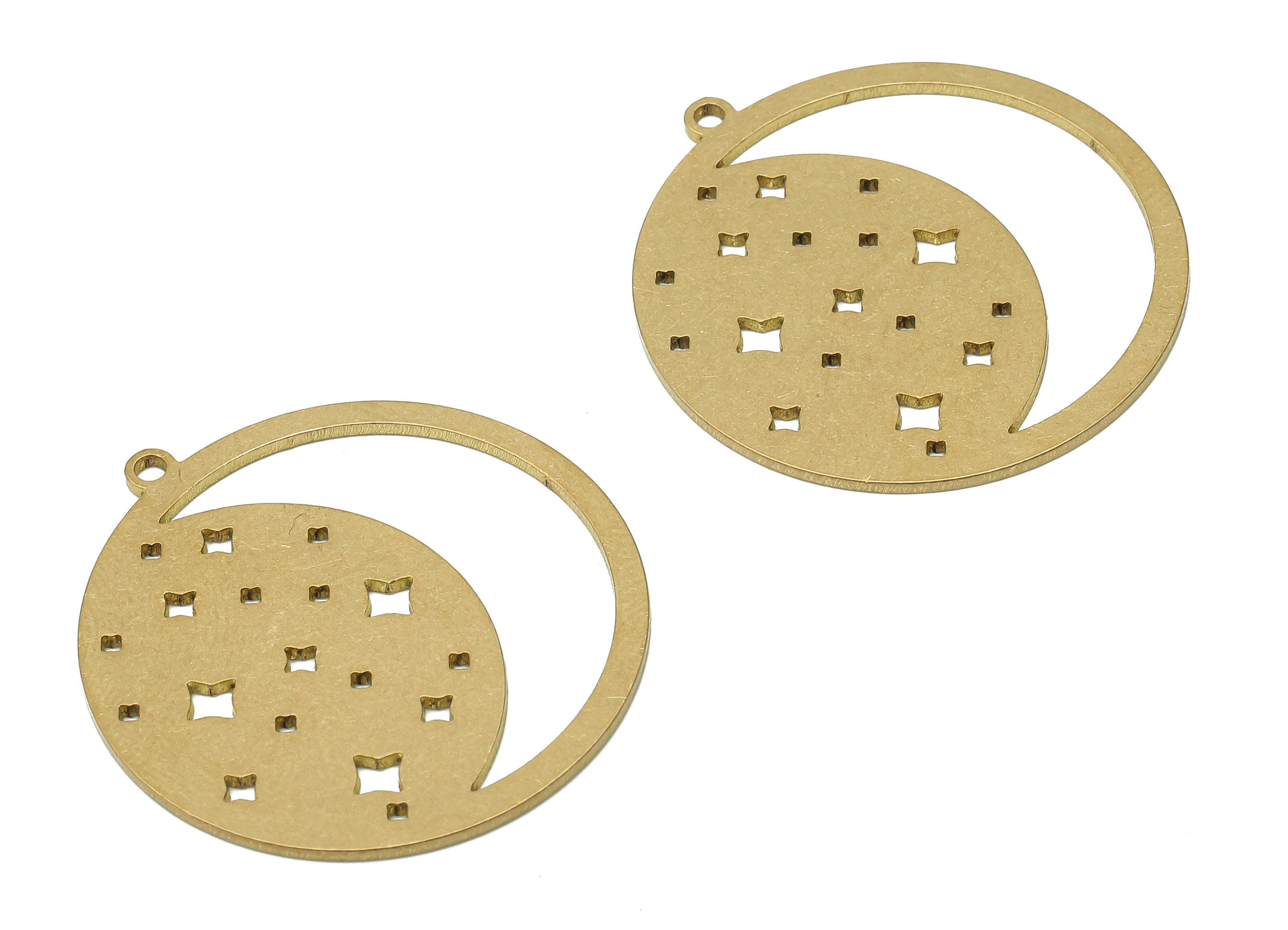 Brass Crescent Moon Earring Charm - Raw Brass Moon Star Pendant - Brass Stars Pendant - Brass Round Pendant - 31.75x29.43x0.9mm - PPA4061 - DOMEDBAZAAR