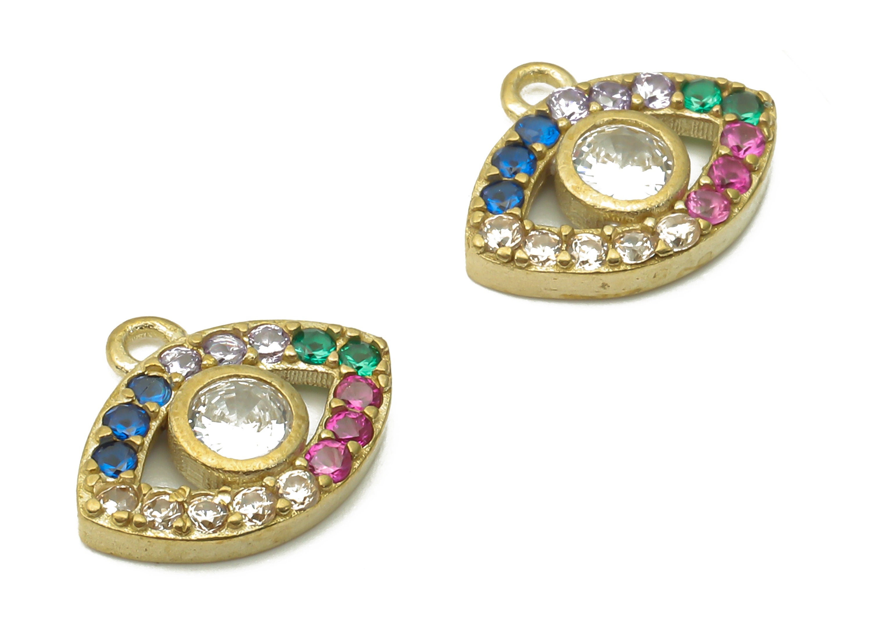 Brass Eyelash Earring Charms - Raw Brass Eye Pendant with Zircon - Brass Rainbow Earrings - Brass braceler charm - 10.04x12.4x1.9mm - PP7630 - DOMEDBAZAAR