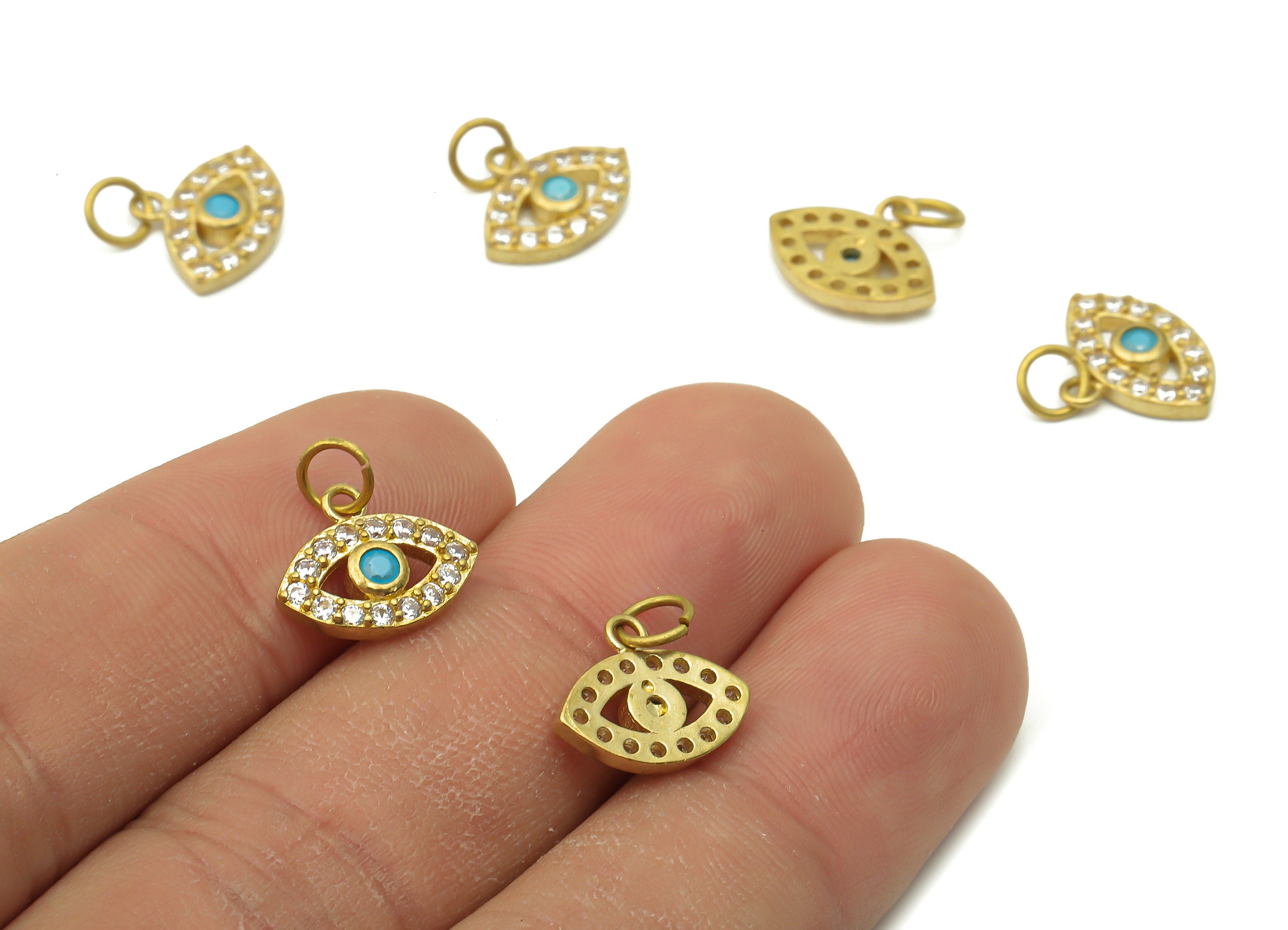 Brass Eye Earring Charms - Raw Brass Mini Eye Pendant with Zircon - Brass Round Earrings - Brass Braceler Charm - 12.65x10.2x2.91mm - PP7633 - DOMEDBAZAAR