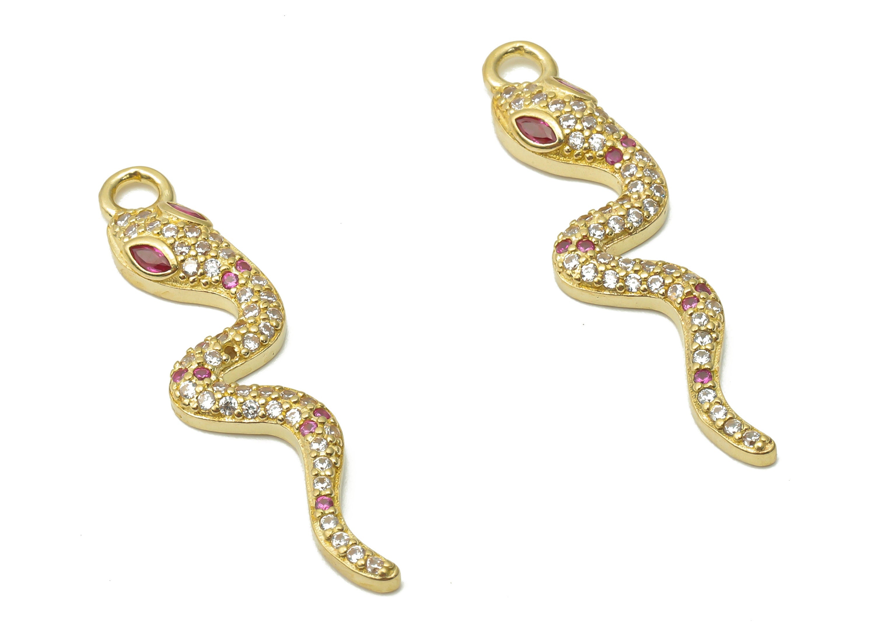 Brass Snake Charms - Raw Brass Snake Necklace with Zircons - Brass Snake Pendant With Pink Zircon - Earring Charm - 34.9x8.35x3.2mm - PP7660 - DOMEDBAZAAR
