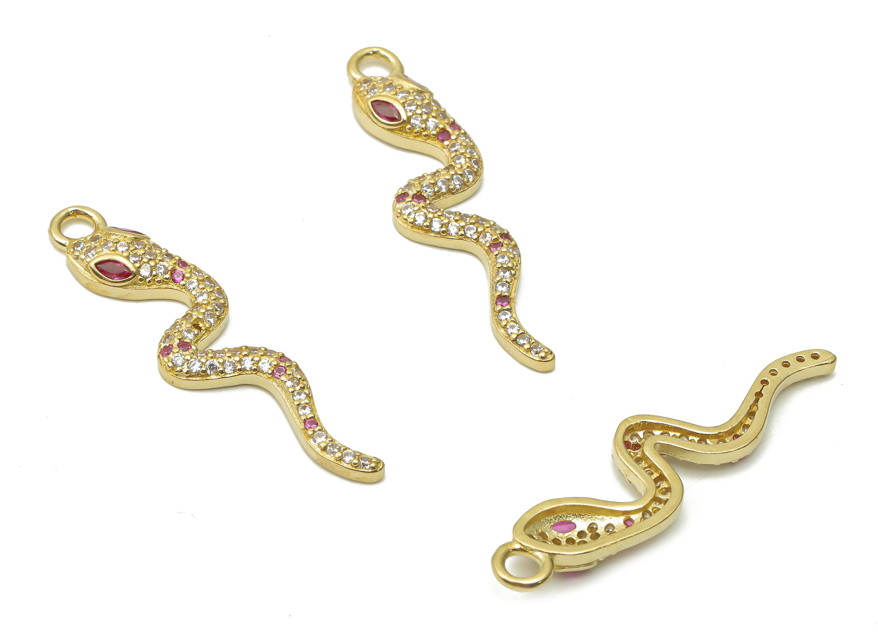 Brass Snake Charms - Raw Brass Snake Necklace with Zircons - Brass Snake Pendant With Pink Zircon - Earring Charm - 34.9x8.35x3.2mm - PP7660 - DOMEDBAZAAR