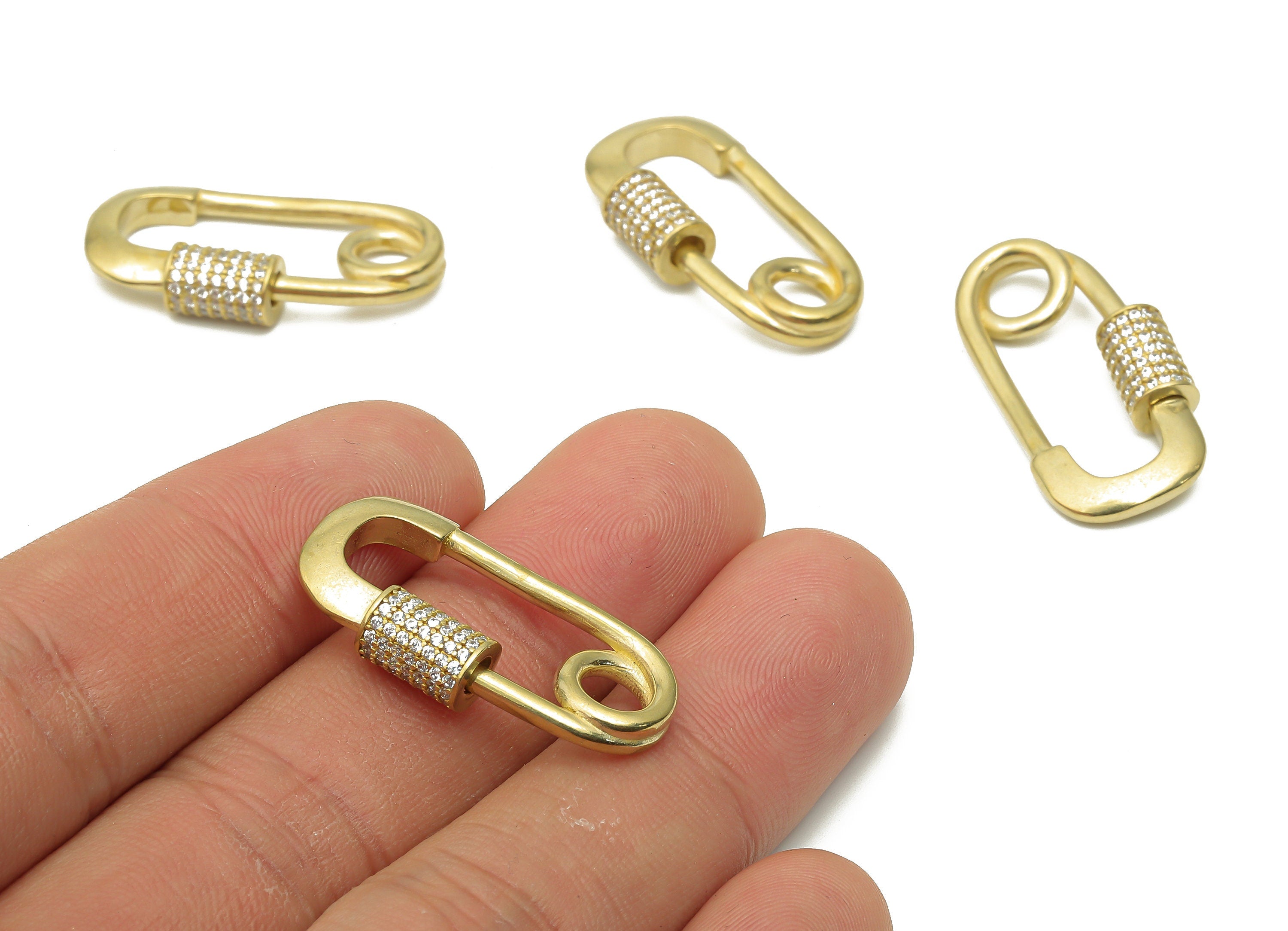 Safety Pin Charm - Brass Screw Clasp Pin Earrings with Zircon - Raw Brass Turnbuckle Lock Pin Pendant - Carabiner - 29.3x15.9x3.1mm - PP7715 - DOMEDBAZAAR