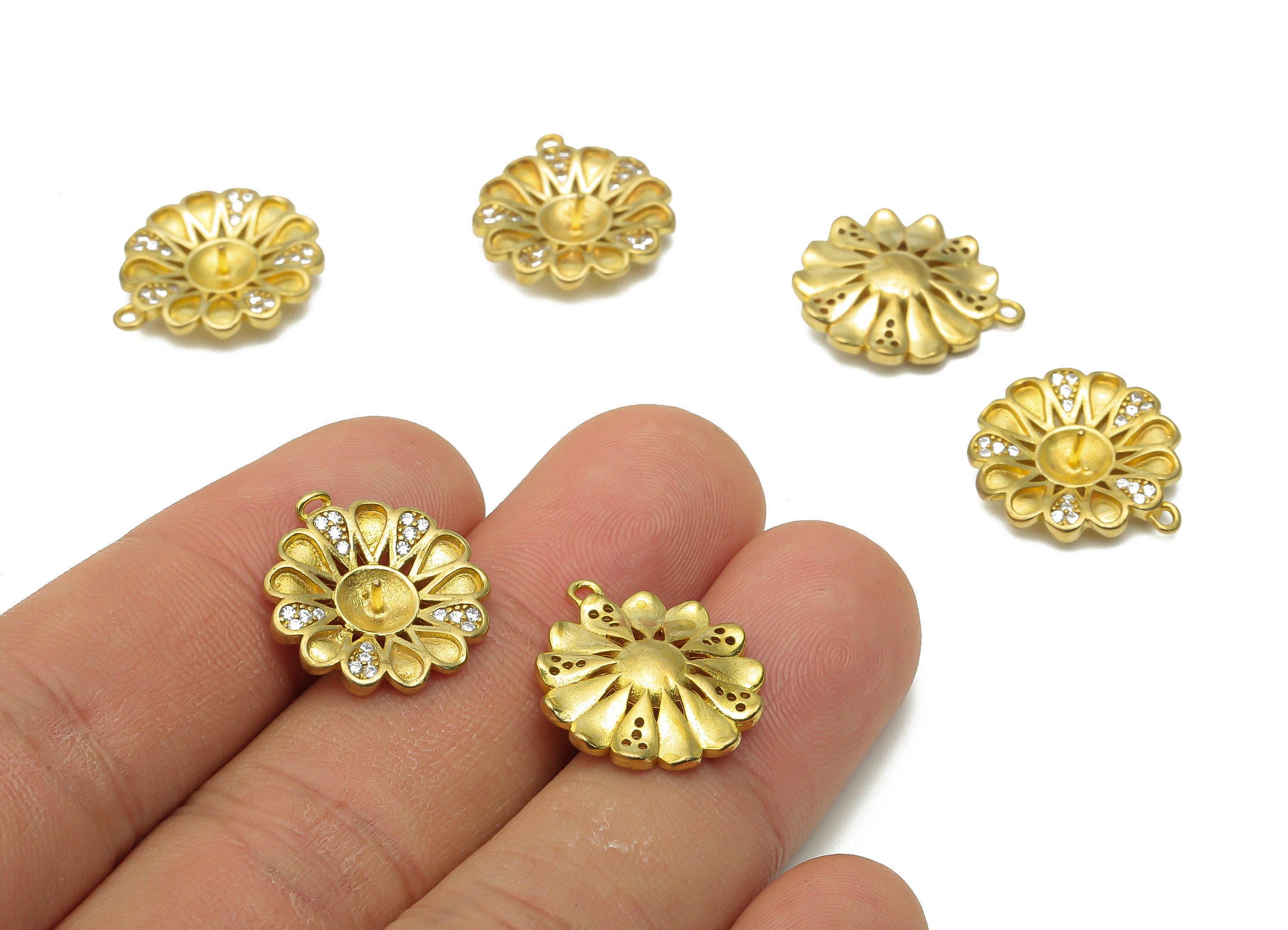 Brass Flower Earrings Charm With Zircon - Raw Brass Flower Charms - Brass For Pearl Earring- 18.64x16.7x1.63mm - PP7745 - DOMEDBAZAAR