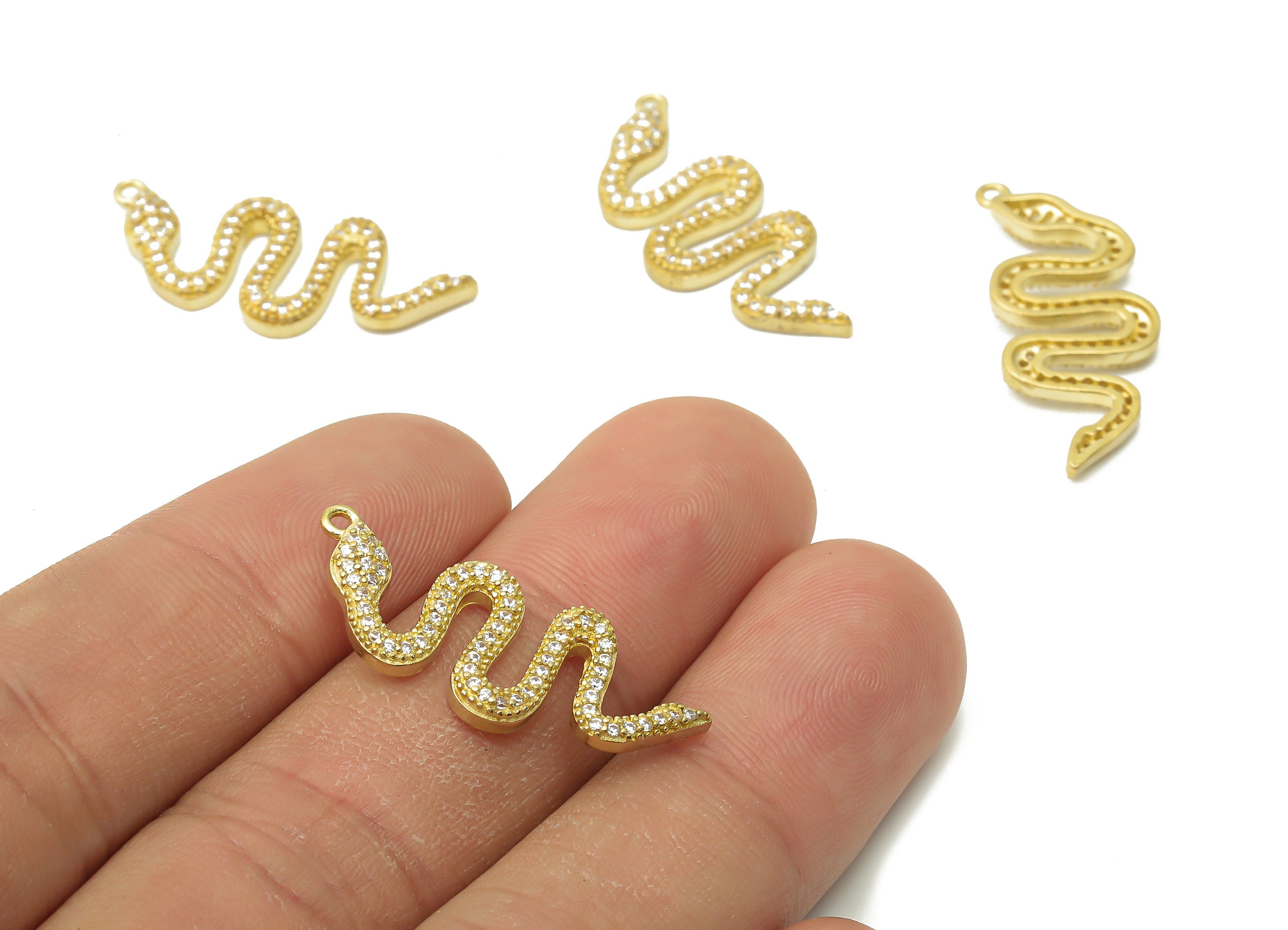 Brass Snake Earring Charms - Raw Brass Snake Pendant with Zircons - Brass Snake Necklace - Brass Earring Charm -29.14x12.3x2.78mm - PP7664 - DOMEDBAZAAR