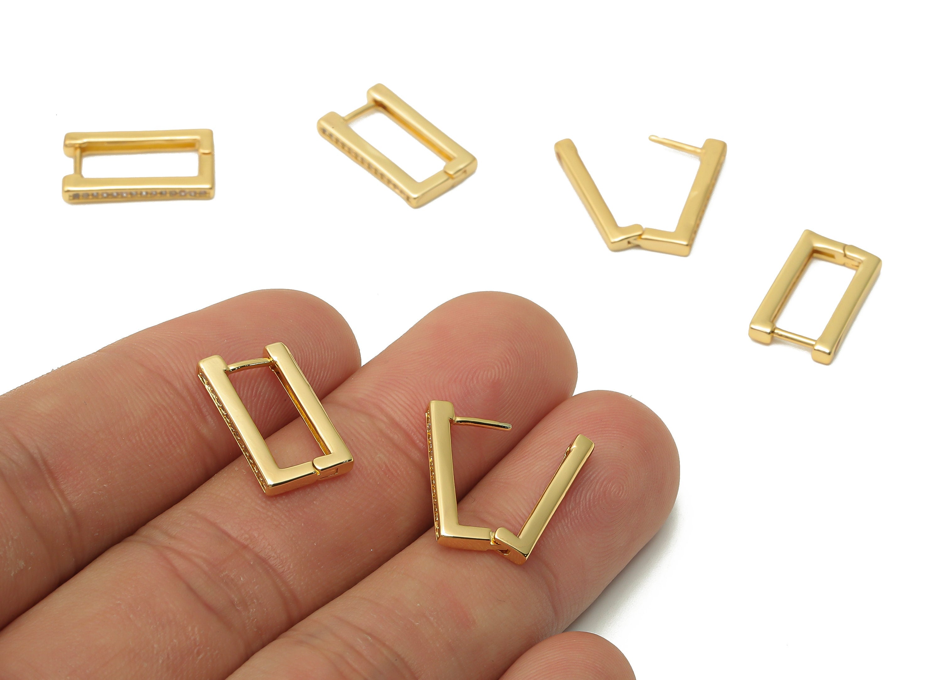 Brass Rectangle Earrings With Zircon - Brass Earrings Clasps -Rectangle Clasps - 18K Real Gold Tone Plated - 16.81x9.5x2.19mm - RGP4738 - DOMEDBAZAAR