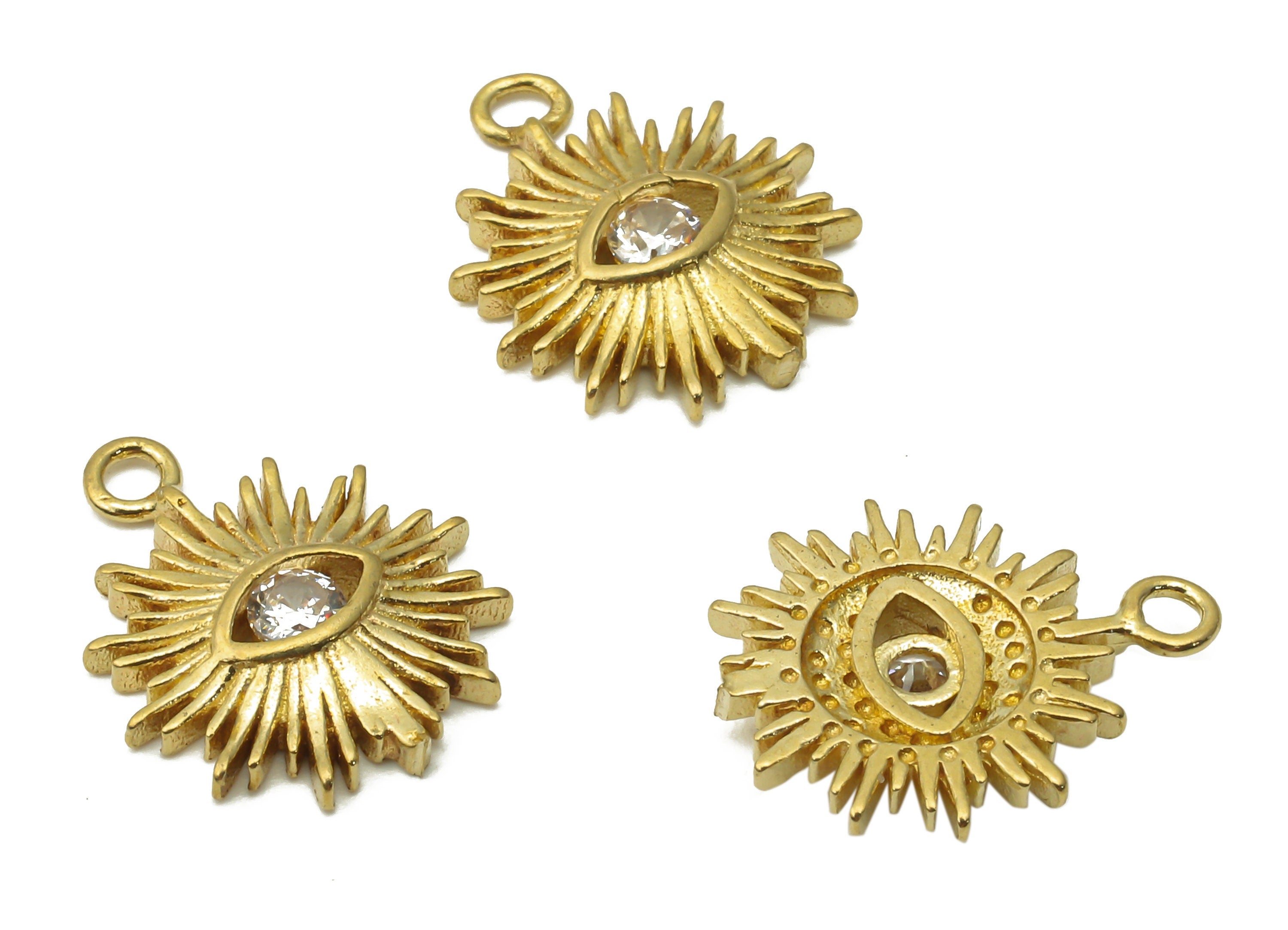 Brass Sun Eye Charms - Raw Brass Round Sun Eye Pendant With Zircon - Sun Eye Earring - Mini Charm For Braceler - 14.33x12.06x2.24mm - PP7682 - DOMEDBAZAAR