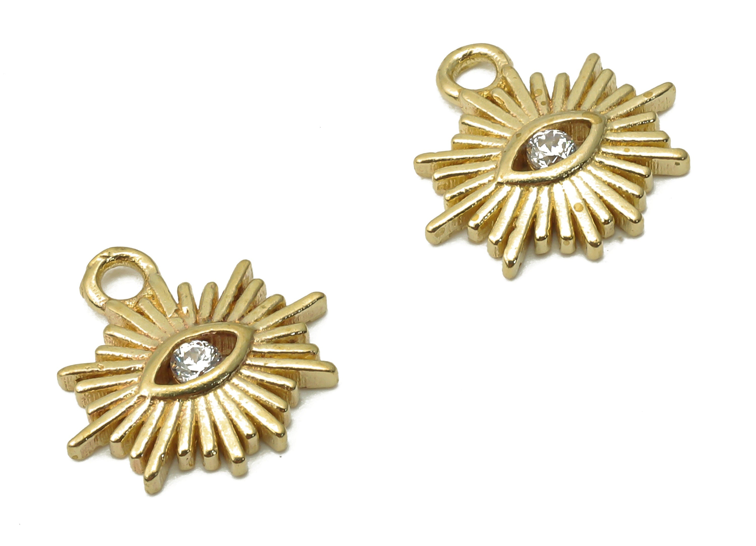 Brass Sun Eye Charms - Raw Brass Mini Sun Eye Earring With Zircon - Brass Sun Eye Pendant - Mini Sun For Bracelet - 12x11.4x1.8mm - PP7683 - DOMEDBAZAAR
