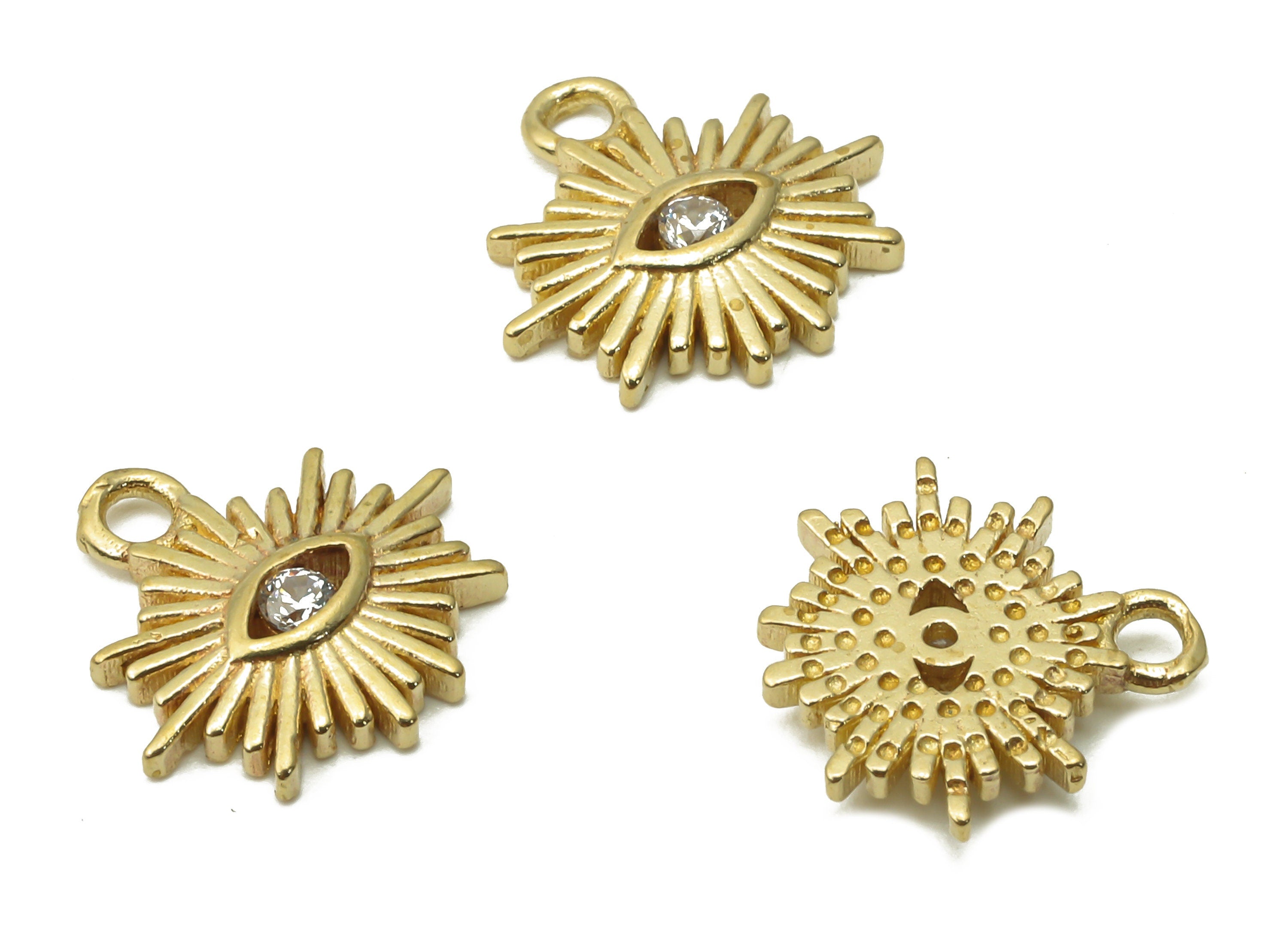 Brass Sun Eye Charms - Raw Brass Mini Sun Eye Earring With Zircon - Brass Sun Eye Pendant - Mini Sun For Bracelet - 12x11.4x1.8mm - PP7683 - DOMEDBAZAAR