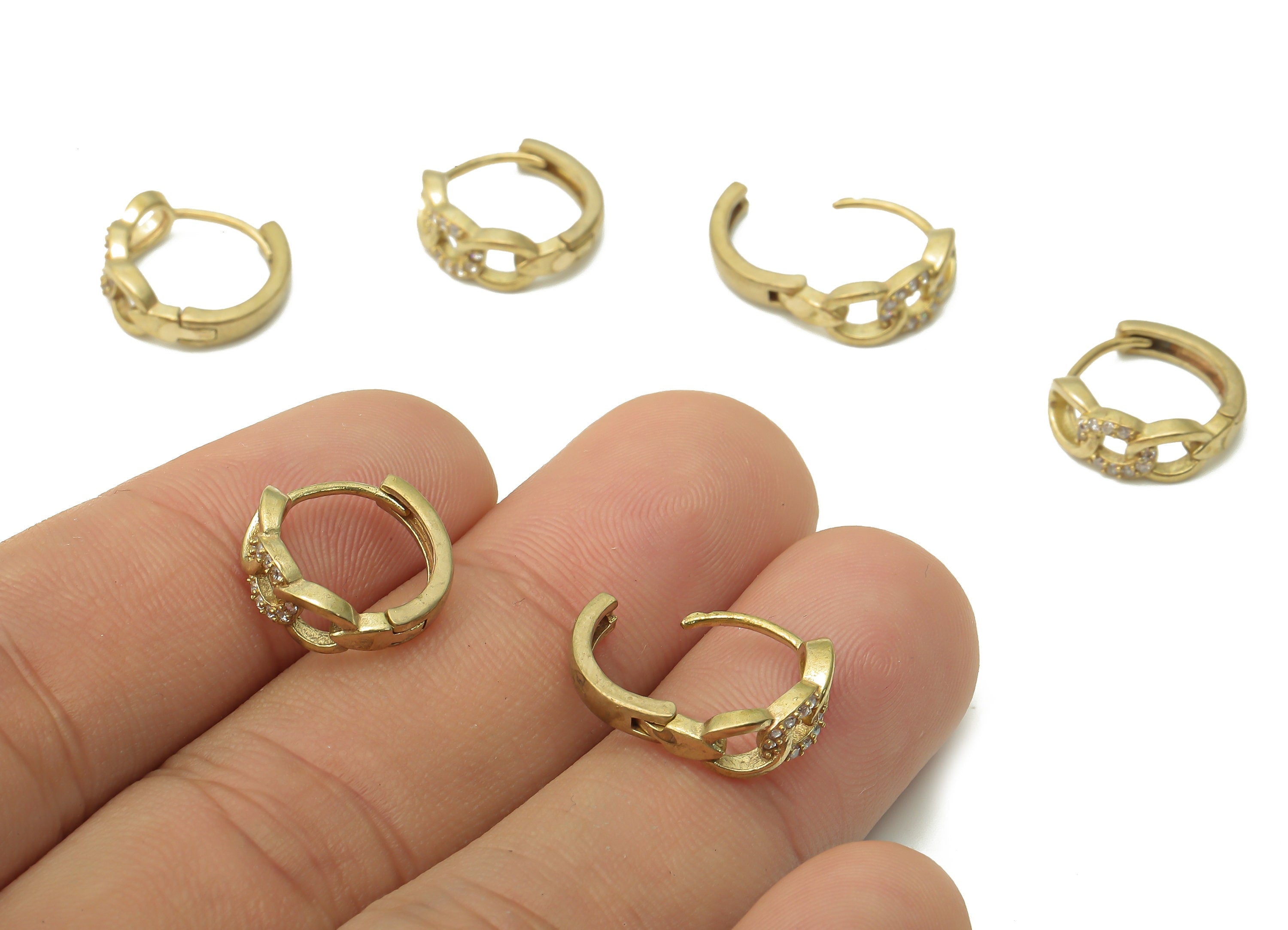 Brass Curb Chain Hoop Earrings - Raw Brass Chain Huggie Clasps With Zircon - Brass Round Chain Clasp Earring - 14.17x14.17x1.55mm - PP7687 - DOMEDBAZAAR
