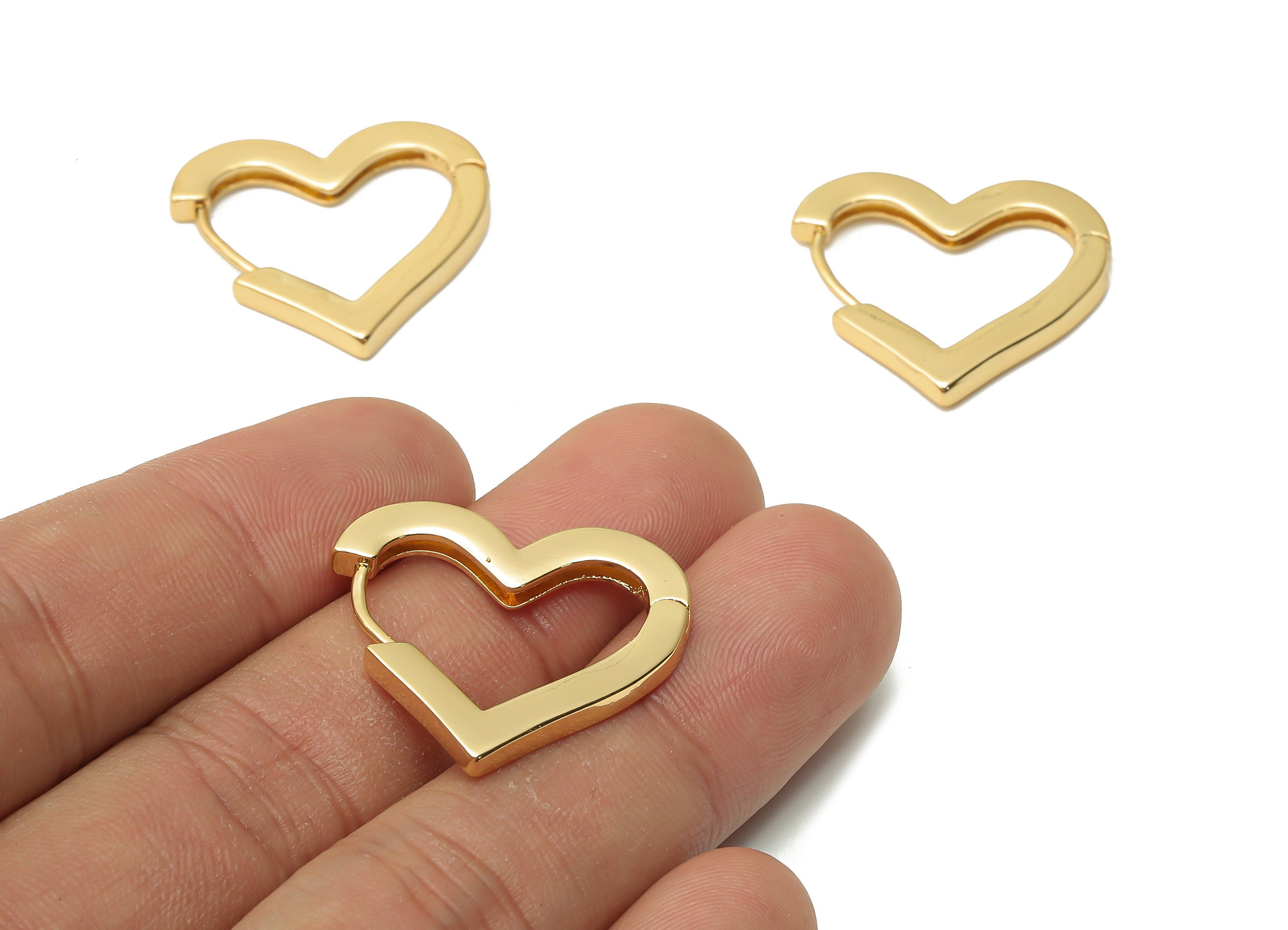 Brass Heart Hoop Earrings Clasps - Brass Huggie Hoop Earrings Clasps - 18K Real Gold Tone Plated - 26.82x24.3x2.73mm - RGP4742 - DOMEDBAZAAR