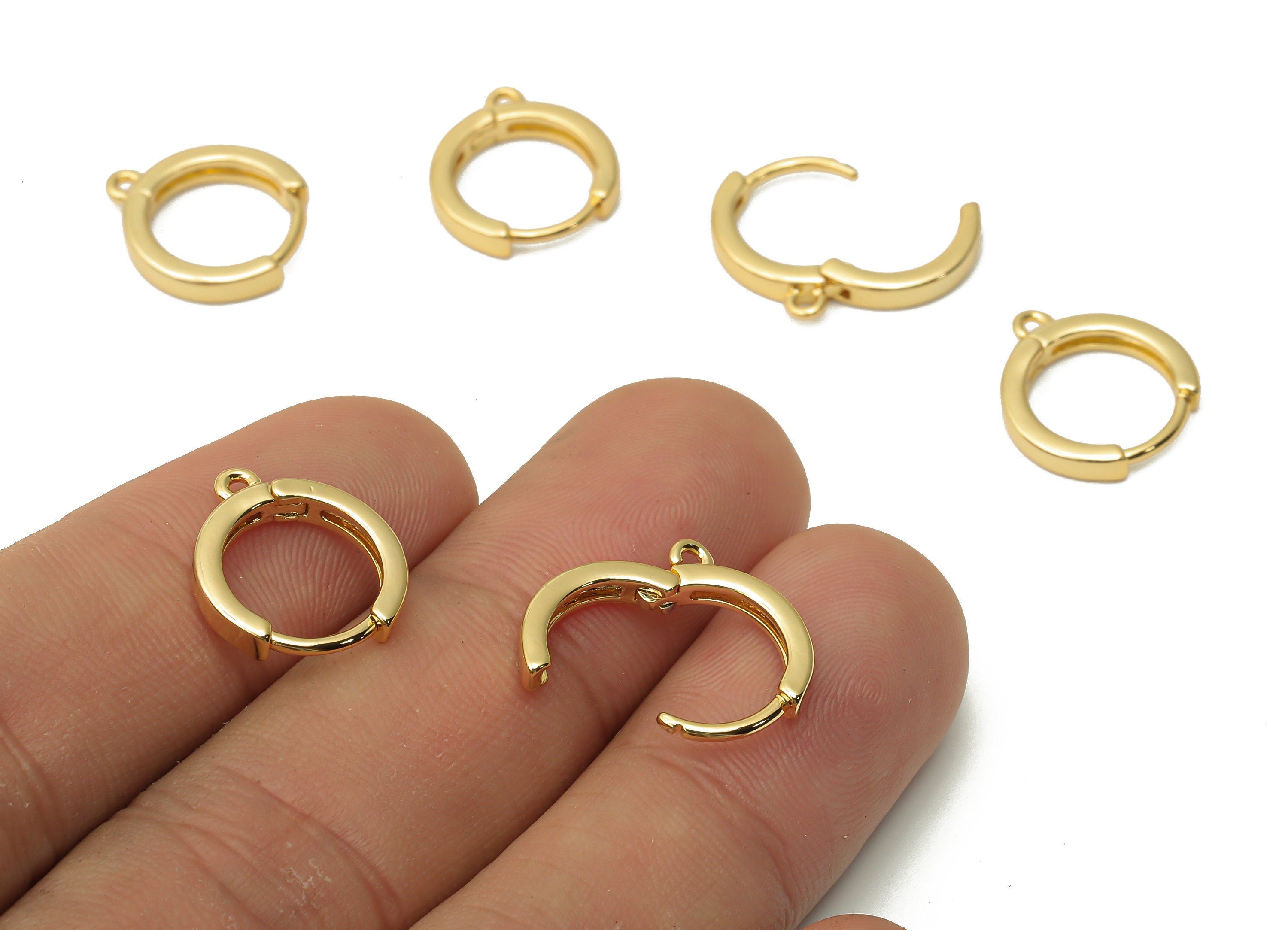 Brass Round Hoop Earrings With Loop - Brass Round Huggie Clasps - Brass Earrings - 18K Real Gold Tone Plated - 14.86x13.43x2.54mm - RGP4743 - DOMEDBAZAAR