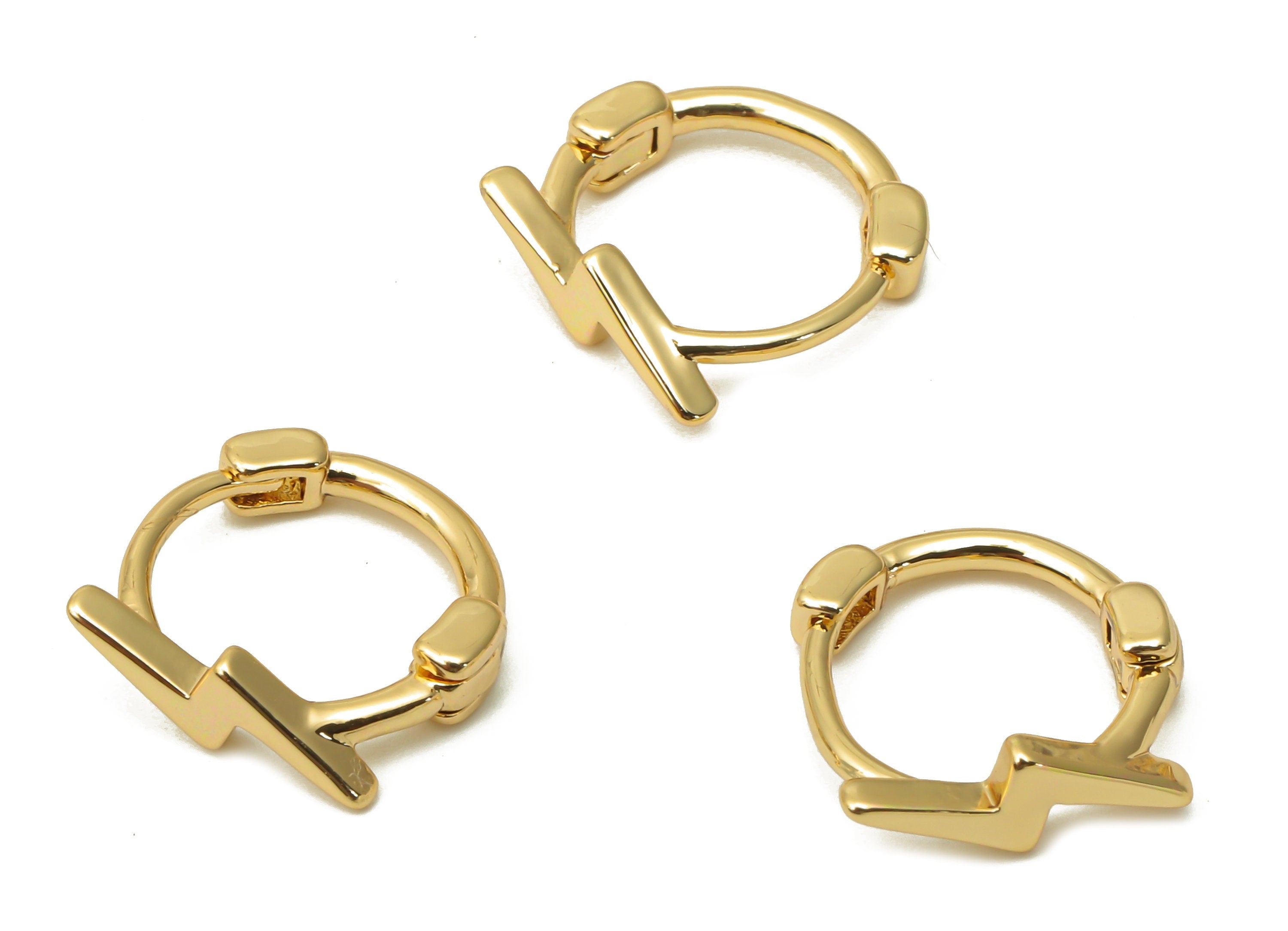 Brass Circle Flash Lightning Earrings - Brass Huggie Hoop Clasp Earring - 18K Real Gold Tone Plated - 11.88x11.64x2.7mm - RGP4746 - DOMEDBAZAAR