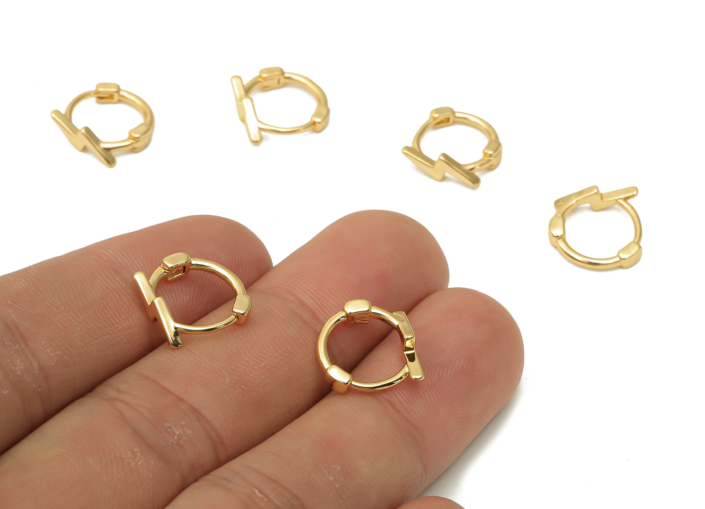 Brass Circle Flash Lightning Earrings - Brass Huggie Hoop Clasp Earring - 18K Real Gold Tone Plated - 11.88x11.64x2.7mm - RGP4746 - DOMEDBAZAAR