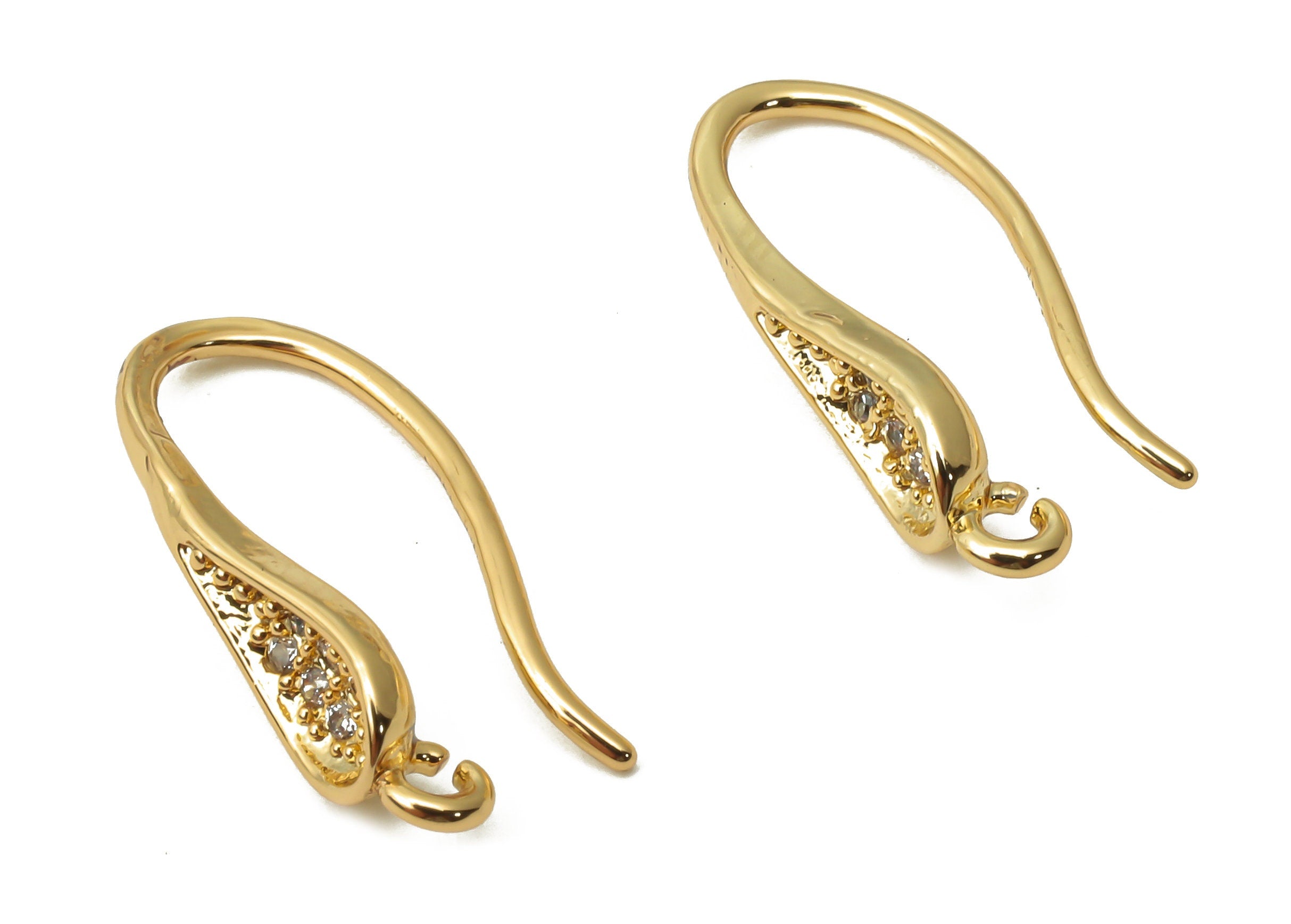 Raw Brass Earring Wire with Loop - Brass Earring Hook with Zircon - 18K Real Gold Tone Plated - 17.1x7.87x1.78mm - RGP4754 - DOMEDBAZAAR