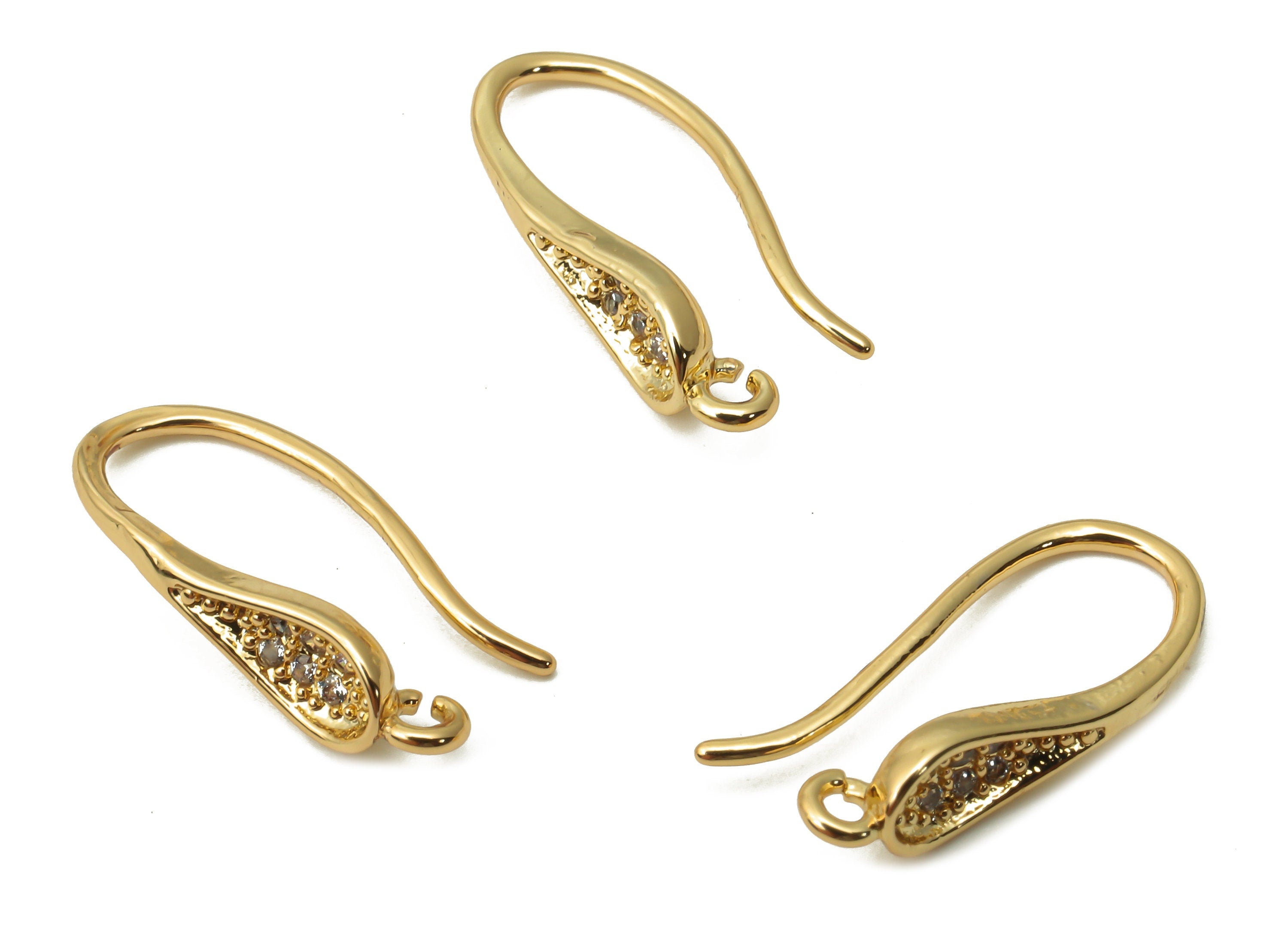 Raw Brass Earring Wire with Loop - Brass Earring Hook with Zircon - 18K Real Gold Tone Plated - 17.1x7.87x1.78mm - RGP4754 - DOMEDBAZAAR