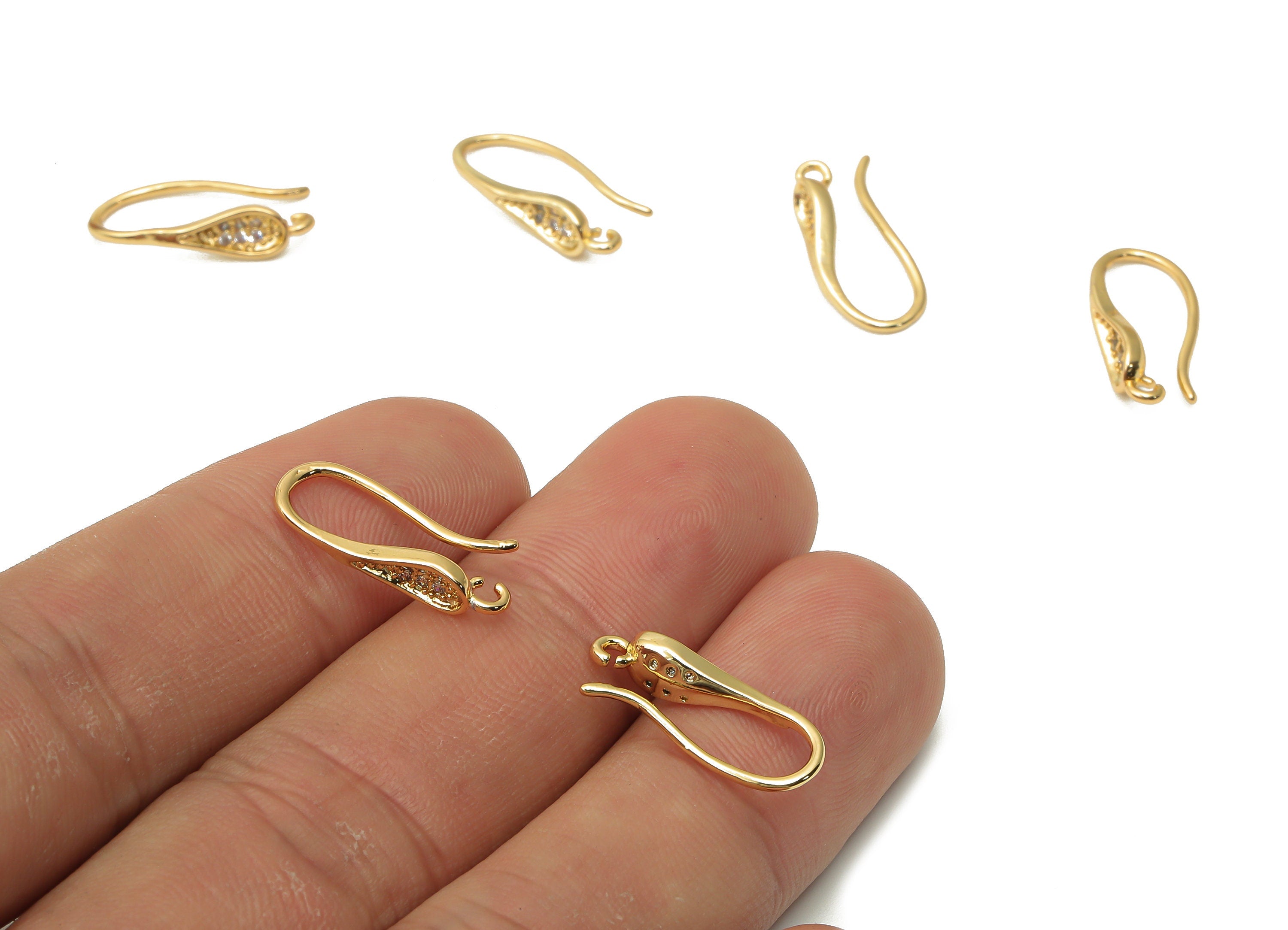 Raw Brass Earring Wire with Loop - Brass Earring Hook with Zircon - 18K Real Gold Tone Plated - 17.1x7.87x1.78mm - RGP4754 - DOMEDBAZAAR