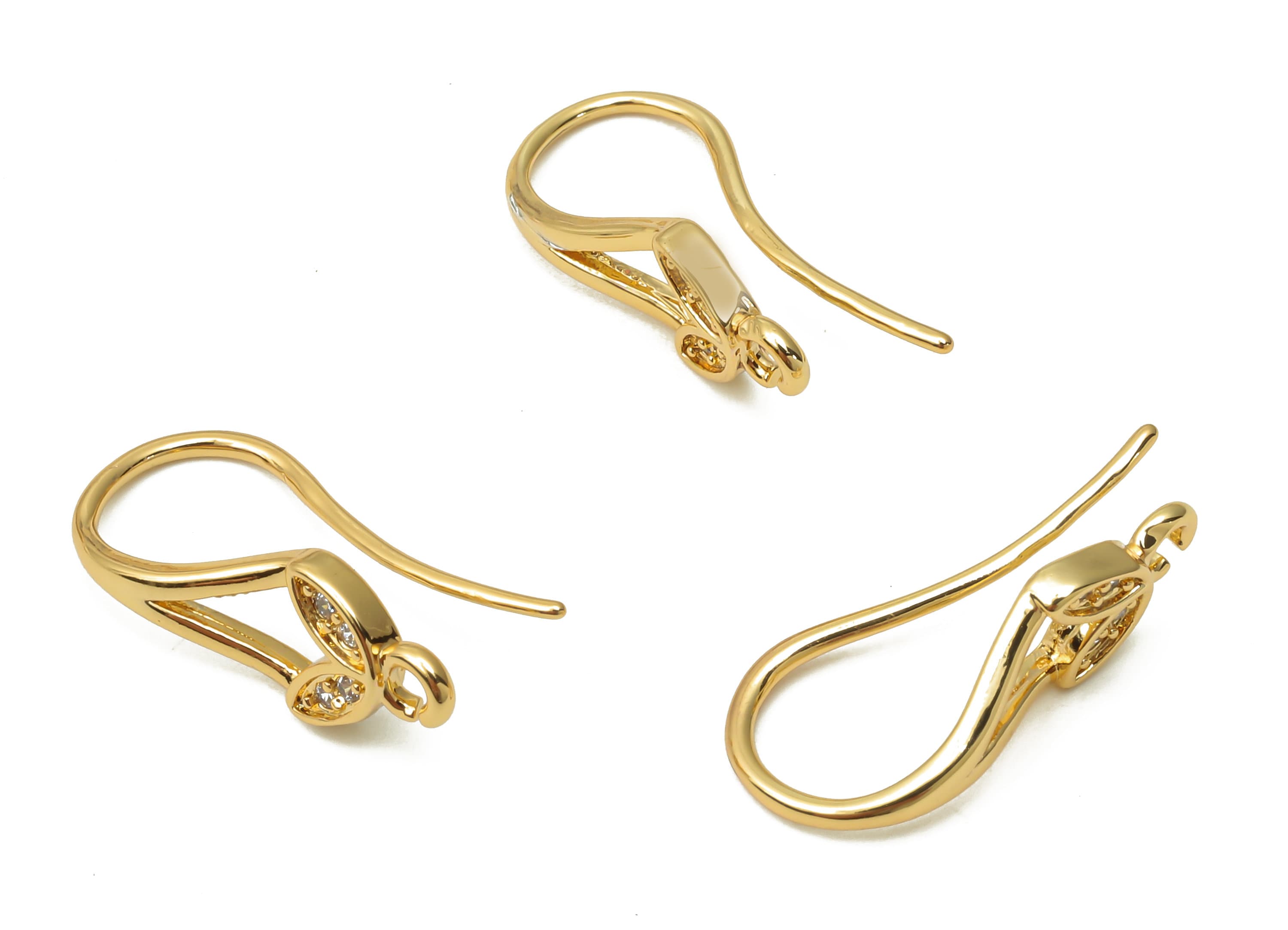 Brass Ear Wires with Leaf Adornment - Zircon Ear Wires - Gold Plated Hook Earrings - 18K Real Gold Tone Plated -19.22x8.97x0.94mm - RGP4762 - DOMEDBAZAAR