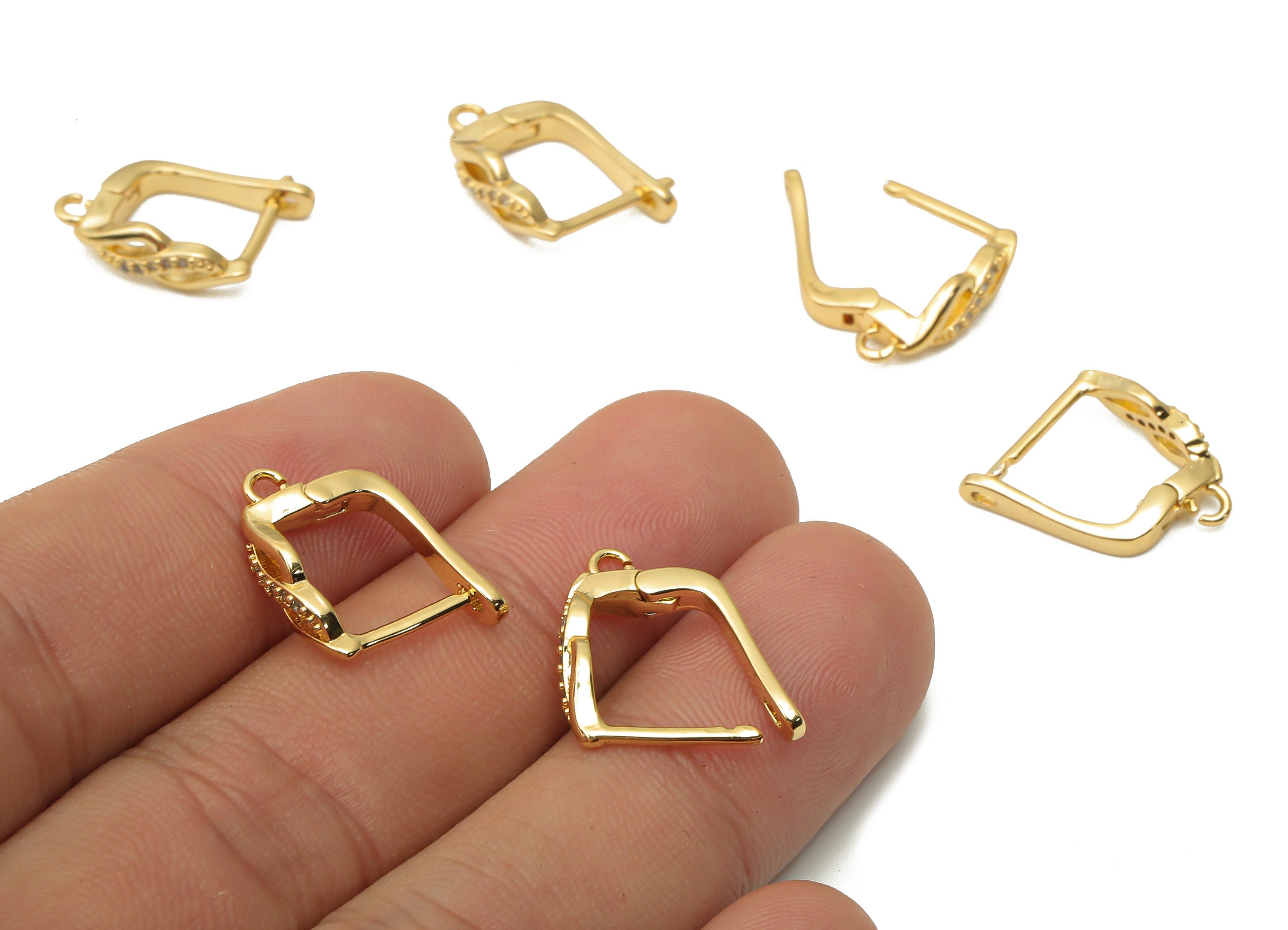 Brass Earrings With Zircon - Earrings Clasps - Brass Hole loop Earring With Loop- 18K Real Gold Tone Plated - 16.07x12.06x1.9mm - RGP4765 - DOMEDBAZAAR