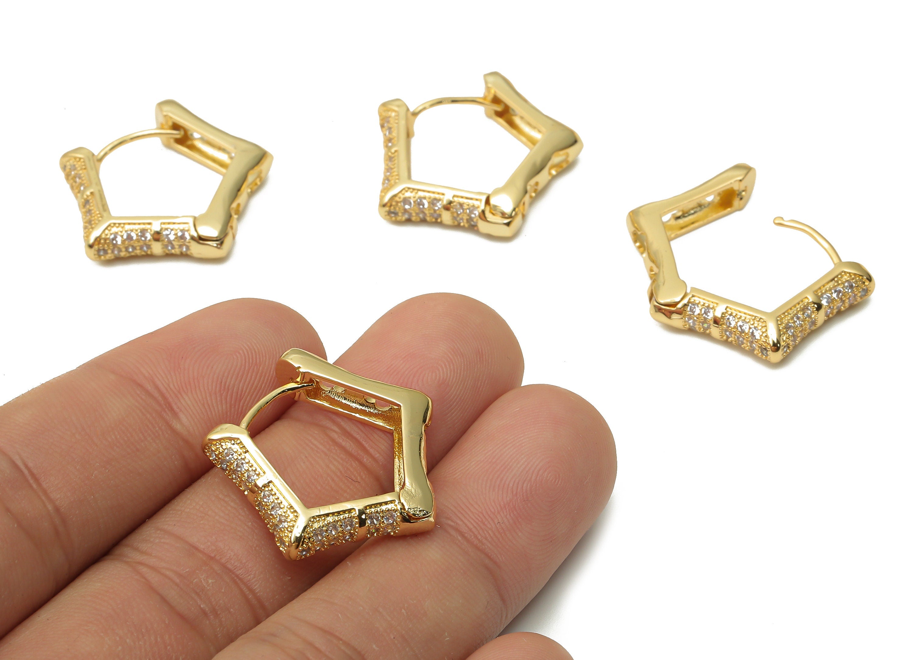 Brass Curved Pentagon Huggie Hoop with Zircon - Raw Brass Textured Thick Hoop Earrings- 18K Real Gold Plated - 25.34x24.42x5.26mm - RGP4773 - DOMEDBAZAAR