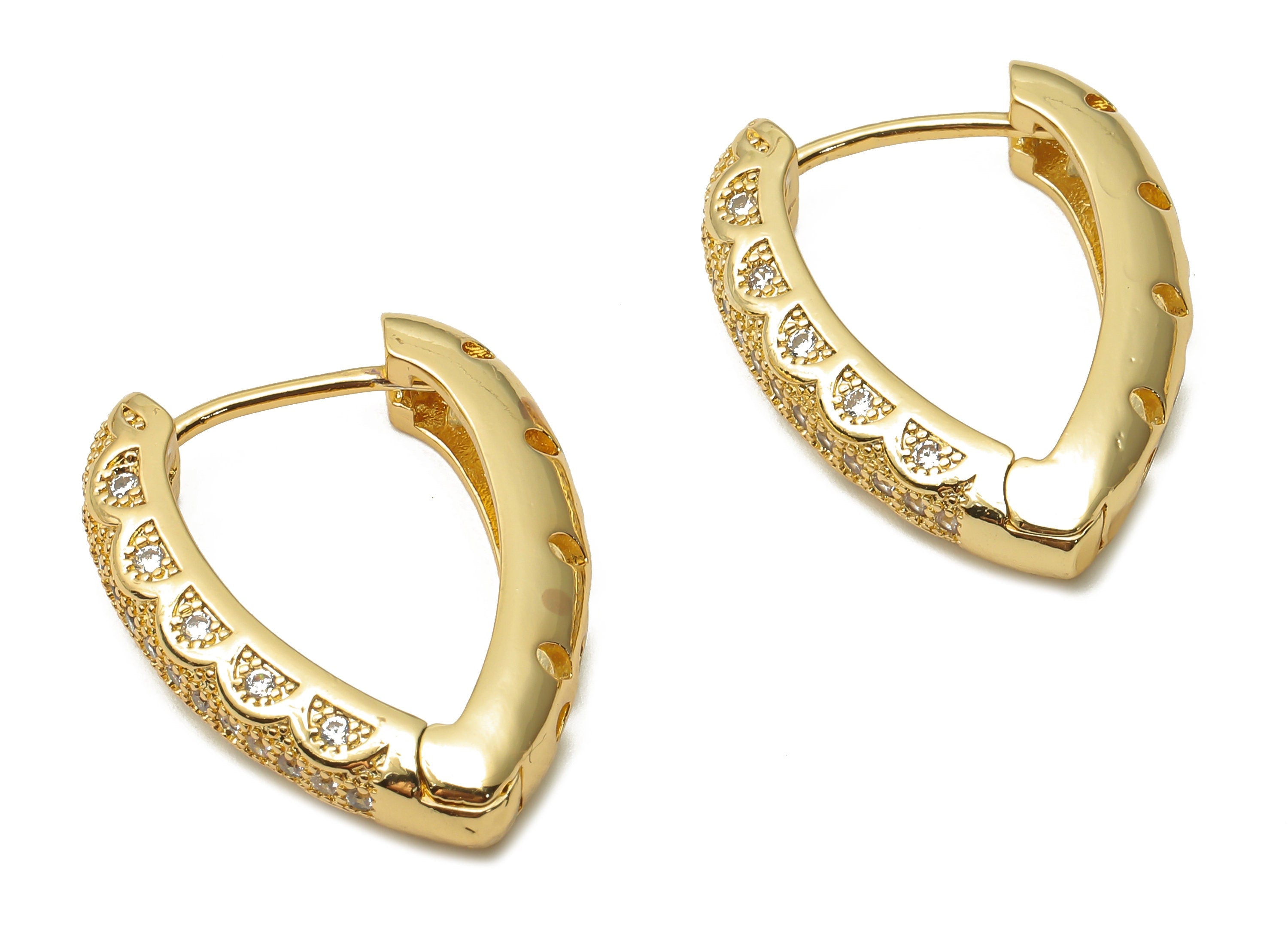 Brass Drop Huggie Hoop Earring with Zircon - Brass Textured Huggie Hoop -18K Real Gold Plated Thick Hoop - 25.53x19.23x3.62mm - RGP4781 - DOMEDBAZAAR