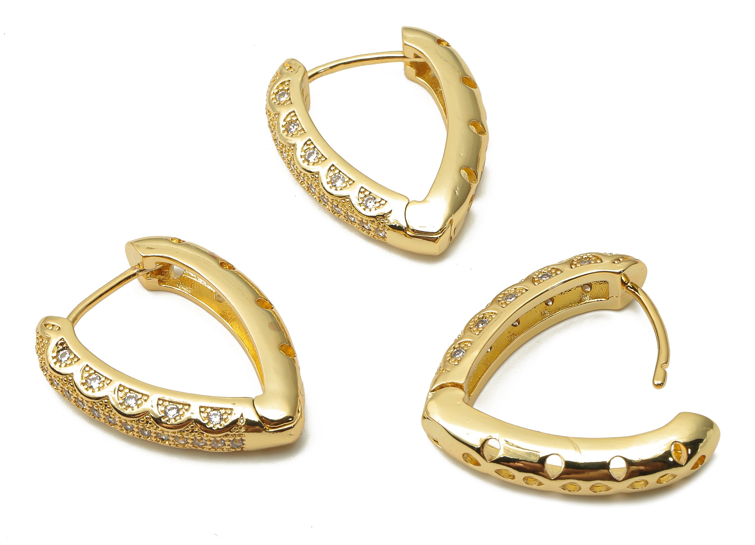 Brass Drop Huggie Hoop Earring with Zircon - Brass Textured Huggie Hoop -18K Real Gold Plated Thick Hoop - 25.53x19.23x3.62mm - RGP4781 - DOMEDBAZAAR