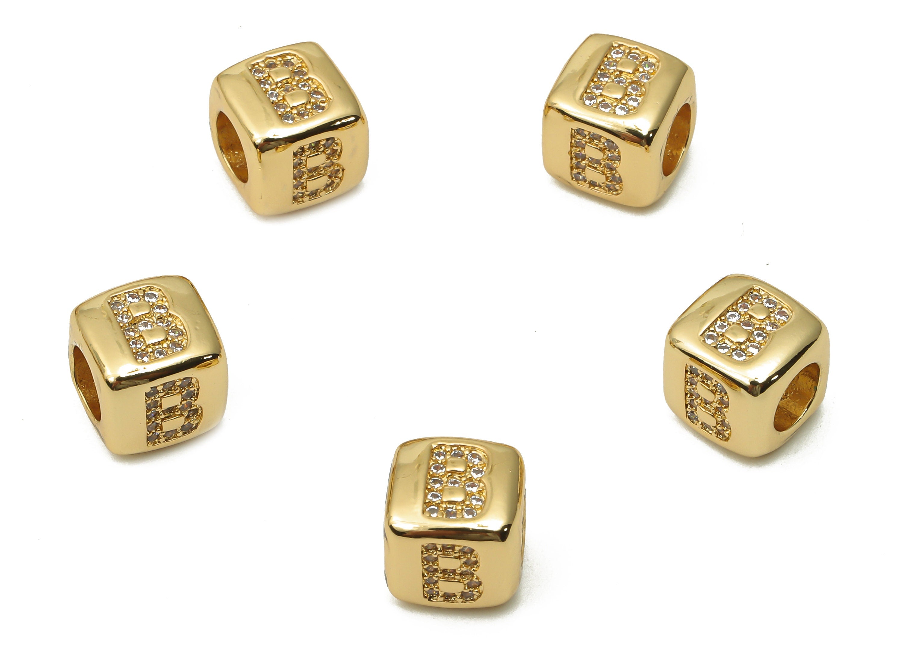 Alphabet Cube Bead With Zircon - Brass Initial Letter B Bead Bracelet- Bead Necklace - 18K Real Gold Plated - 8.63x8.63x8.46mm - RGP4782B - DOMEDBAZAAR