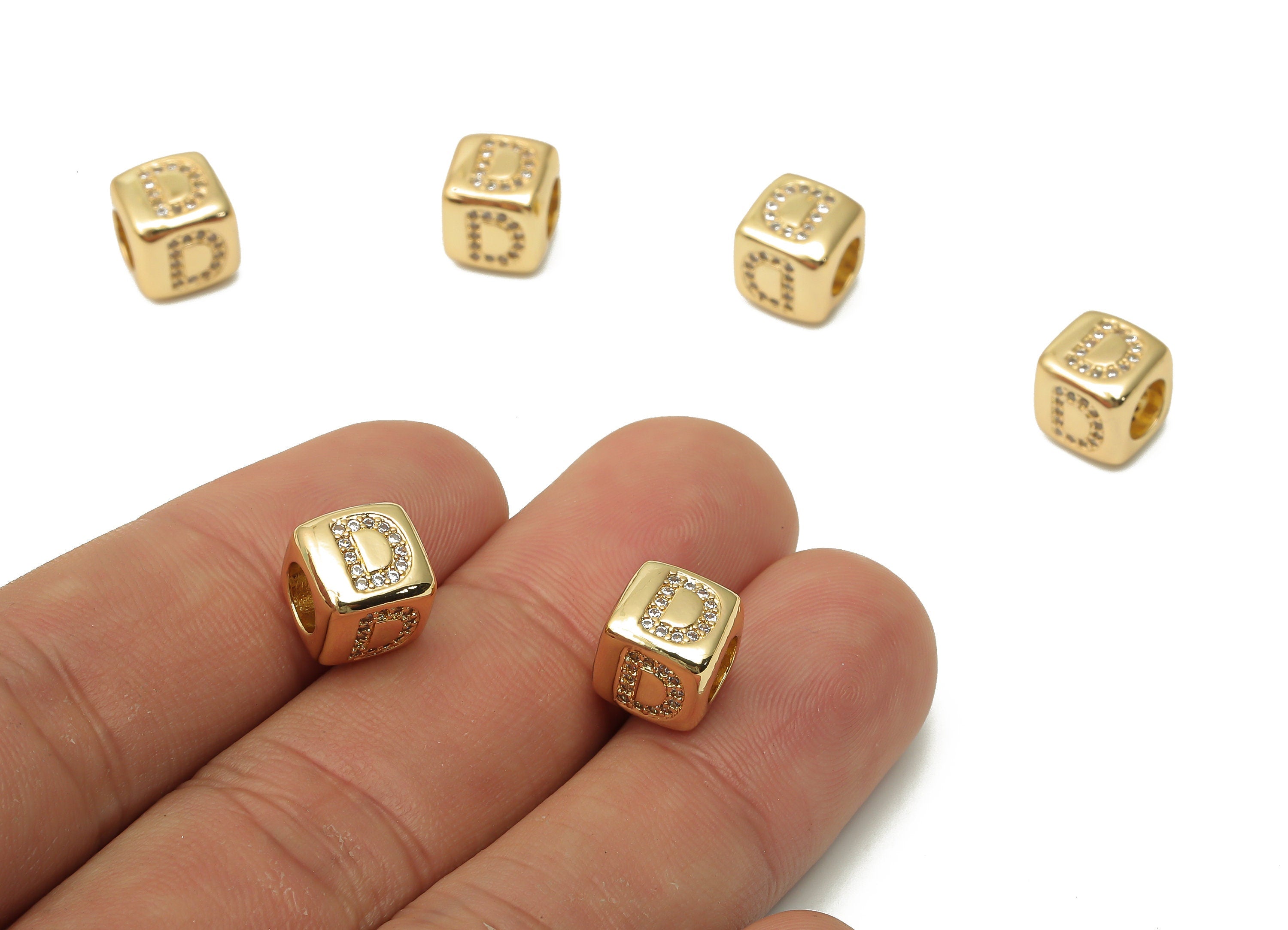 Alphabet Cube Bead D With Zircon - Brass Initial Letter D Beads Bracelet-Beads Necklace -18K Real Gold Plated - 8.63x8.63x8.46mm - RGP4782D - DOMEDBAZAAR