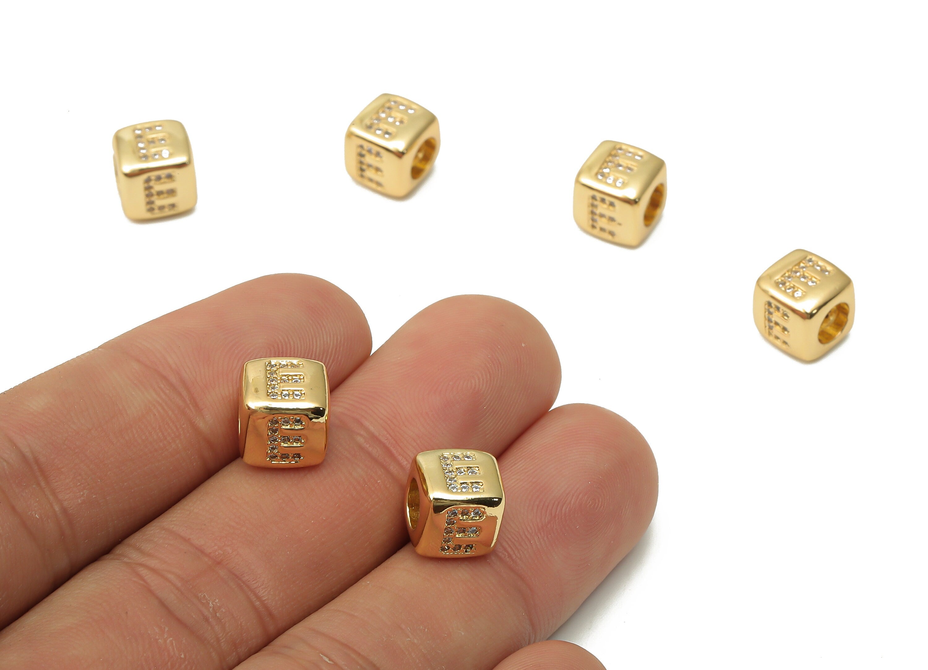 Alphabet Cube Bead E WIth Zircon - Brass Initial Letter E Beads Bracelet- Beads Necklace -18K Real Gold Plated - 8.63x8.63x8.46mm - RGP4782E - DOMEDBAZAAR