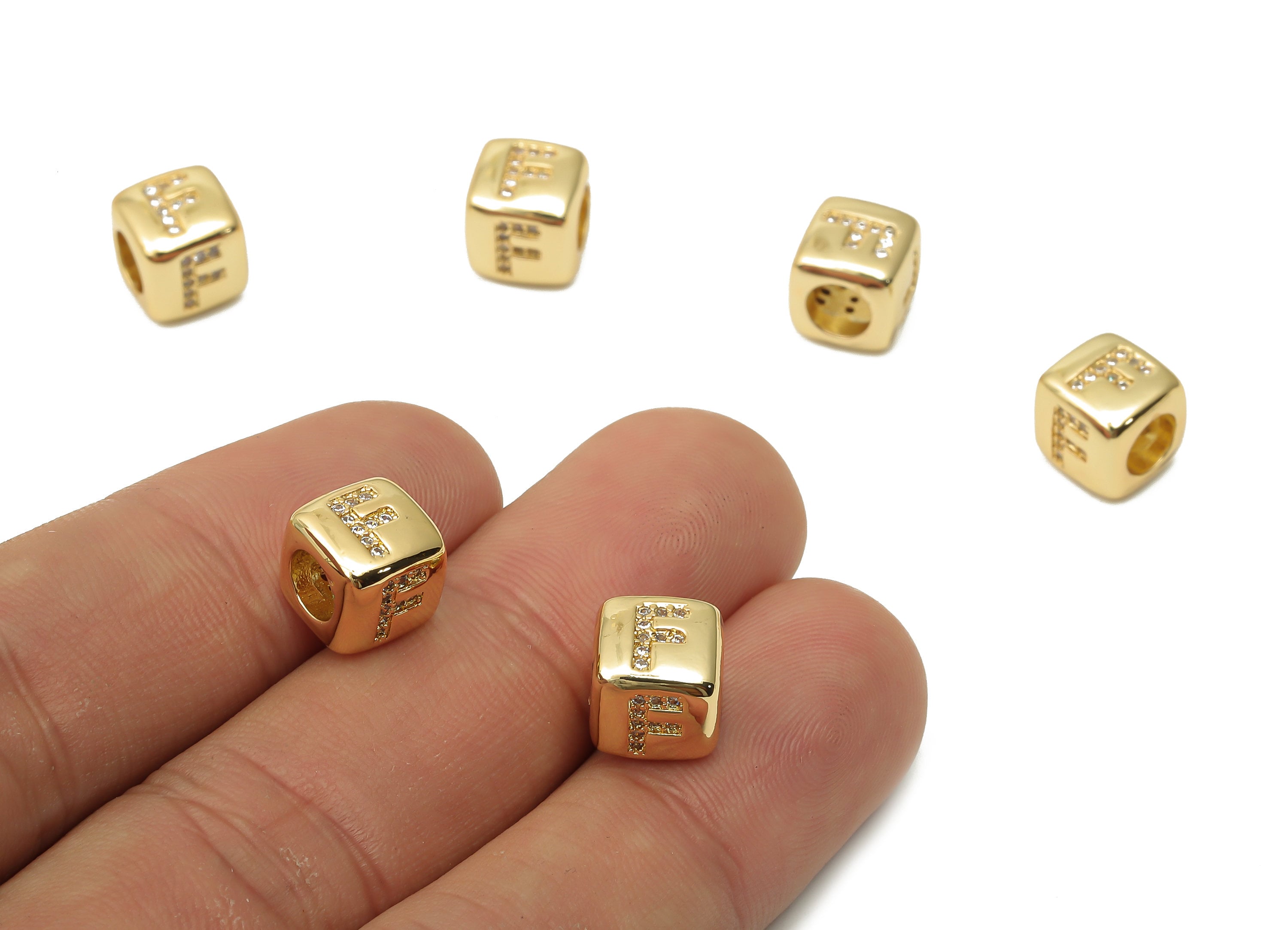 Alphabet Cube Bead F - Brass Initial Letter F - Zircon Beads Bracelet- Beads Necklace - 18K Real Gold Plated - 8.63x8.63x8.46mm - RGP4782F - DOMEDBAZAAR