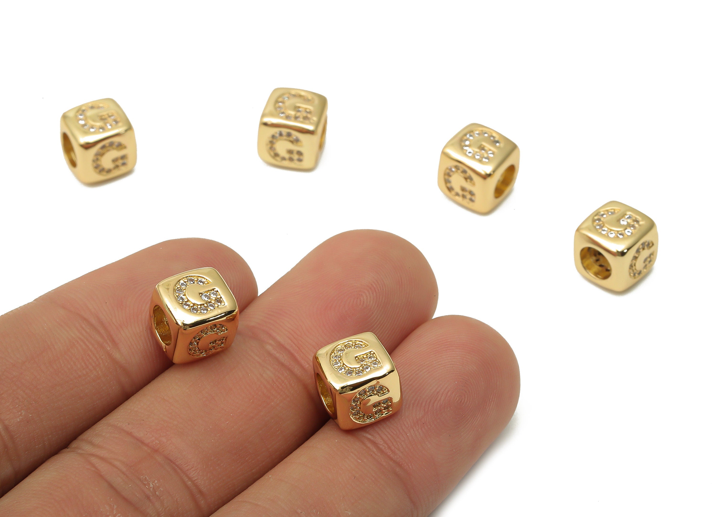 Alphabet Cube Bead G With Zircon - Brass Initial Letter G Beads Bracelet- Bead Necklace - 18K Real Gold Plated - 8.63x8.63x8.46mm - RGP4782G - DOMEDBAZAAR
