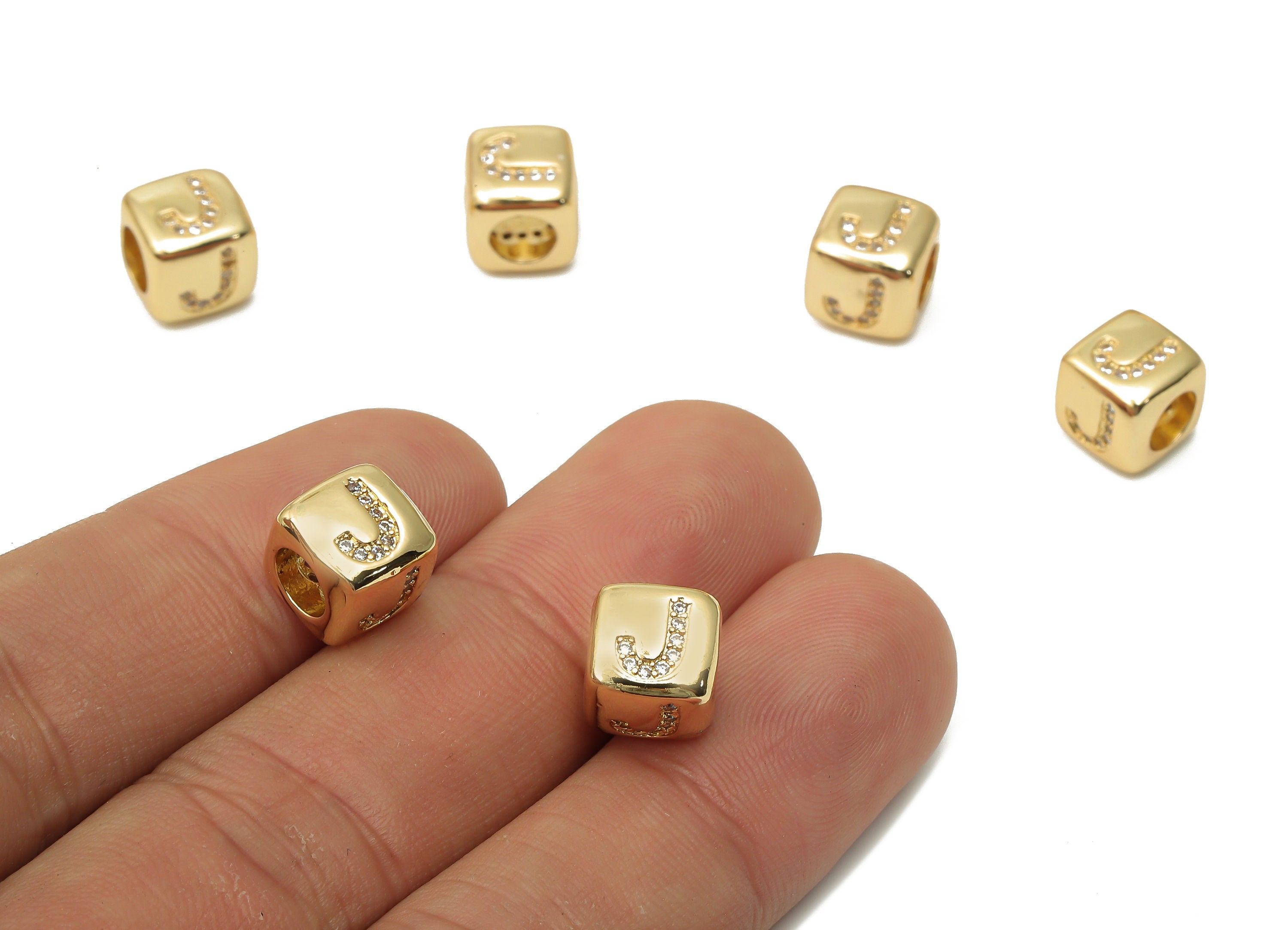 Alphabet Cube Letter Bead J With Zircon - Brass Initial J Bead Bracelet - Beads Necklace- 18K Real Gold Plated - 8.63x8.63x8.46mm - RGP4782J - DOMEDBAZAAR