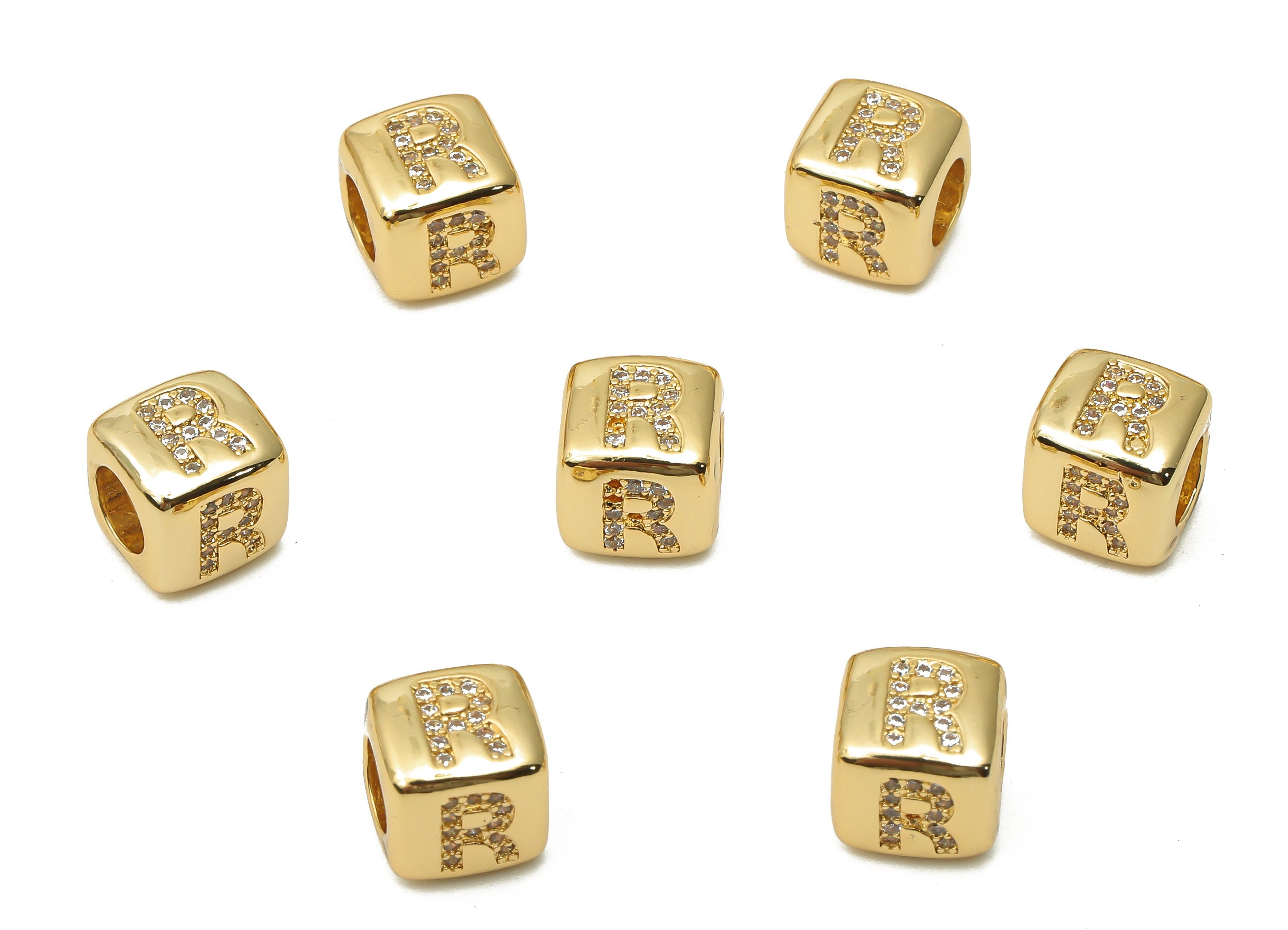 Alphabet Cube Bead R With Zircon- Brass Initial Letters R Beads Bracelet - Bead Necklace- 18K Real Gold Plated - 8.63x8.63x8.46mm - RGP4782R - DOMEDBAZAAR