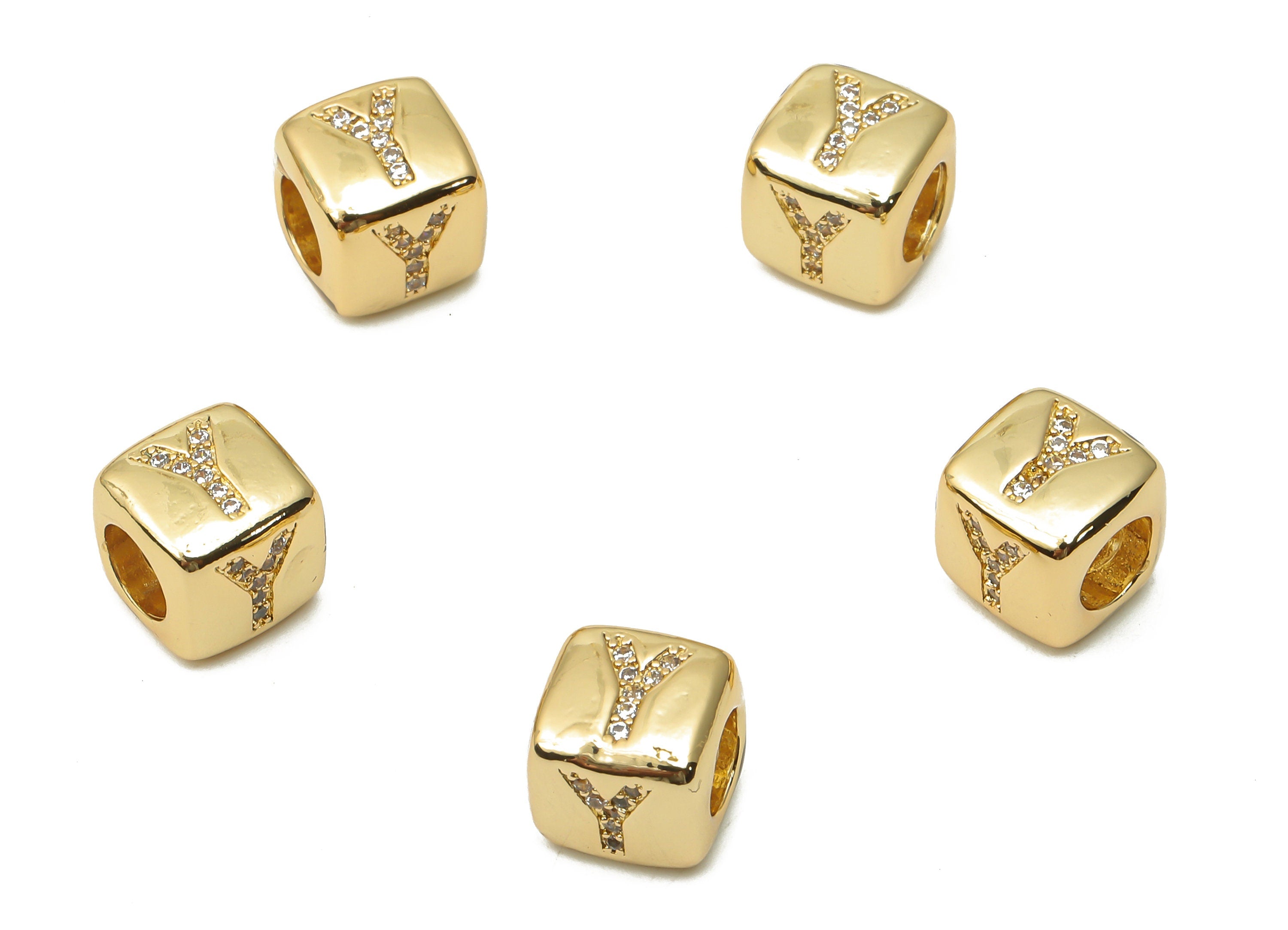 Alphabet Cube Bead Y With Zircon- Brass Initial Letters Y Beads Bracelet - Bead Necklace- 18K Real Gold Plated - 8.63x8.63x8.46mm - RGP4782Y - DOMEDBAZAAR